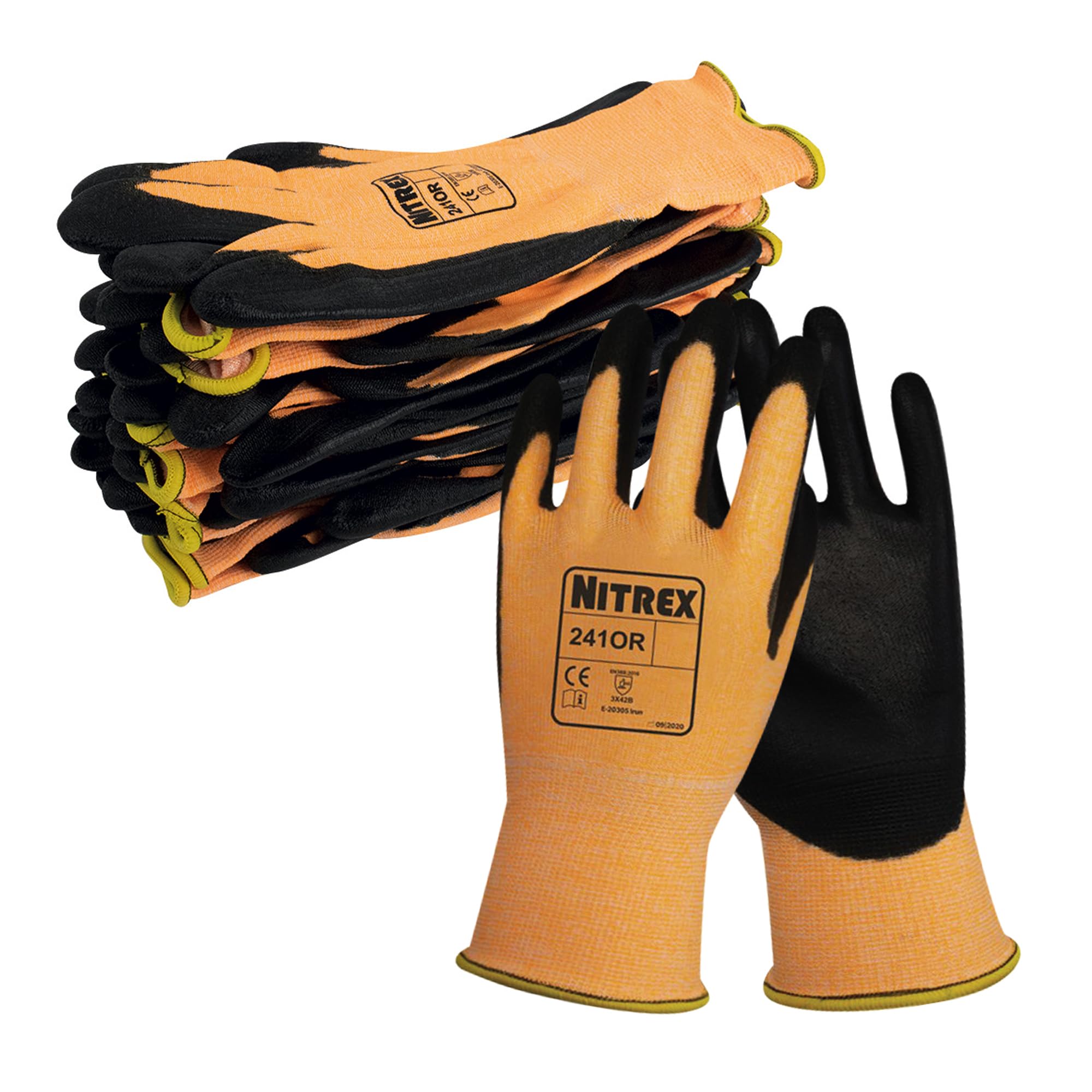 NITREX 241OR Guanti Protettivi da Lavoro, confezione da 10 Paia, Taglia 11 - Guanti da Lavoro Resistenti al Taglio di Classe B, Rivestimento del Palmo in PU, Rivestimento in Nylon Arancione