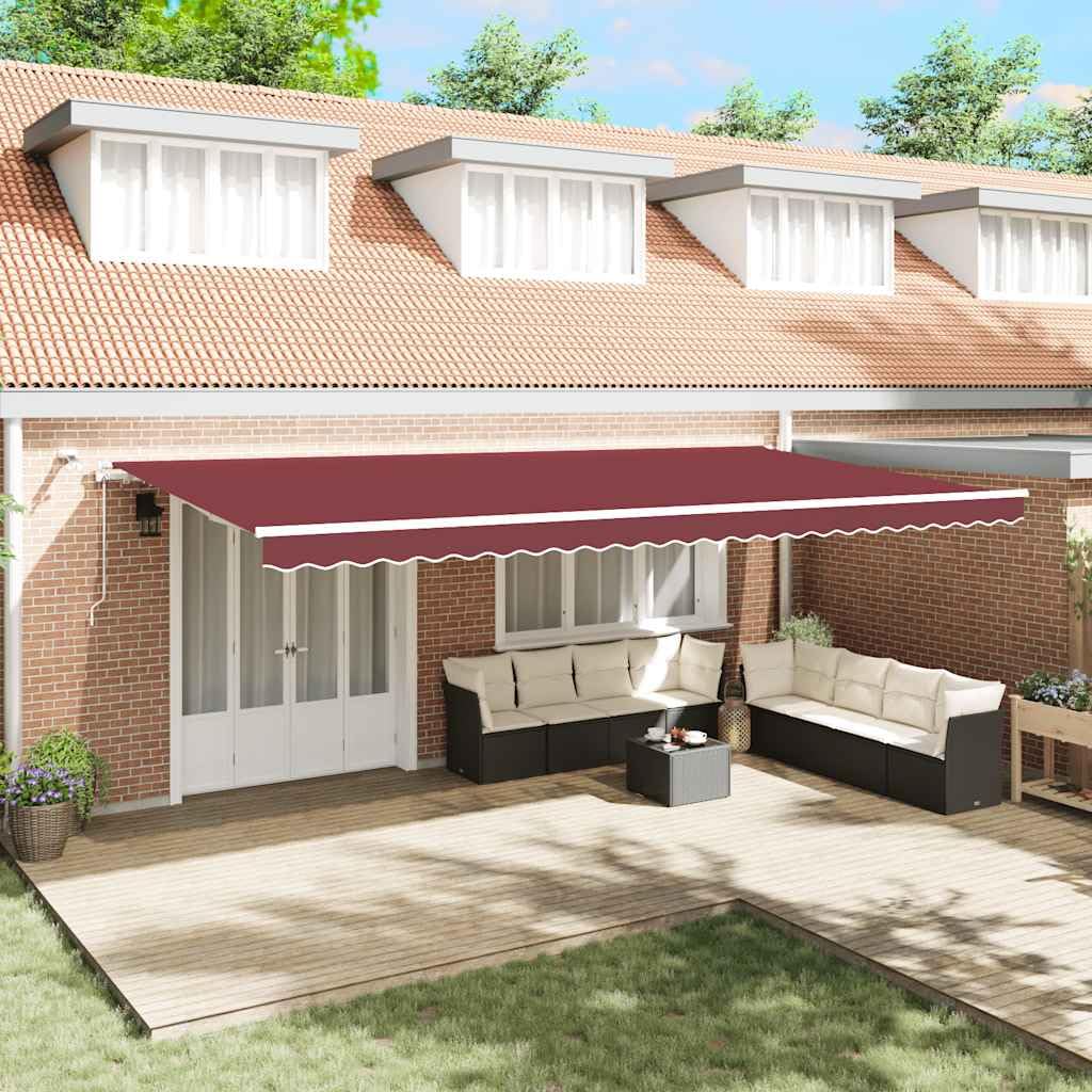 Toldo automático con iluminación LED, color burdeos, 600 x 300 cm, protección solar impermeable, brazo articulado, con sensor de viento, resistente a la intemperie, para terraza, balcón