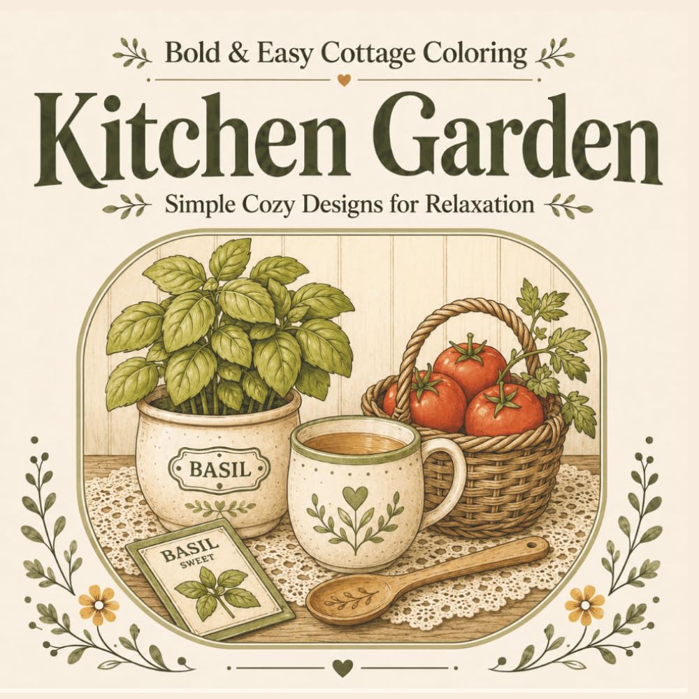 Kitchen Garden: Bold & Easy Cottage Coloring for Adults: Simple Cozy Designs for Relaxation