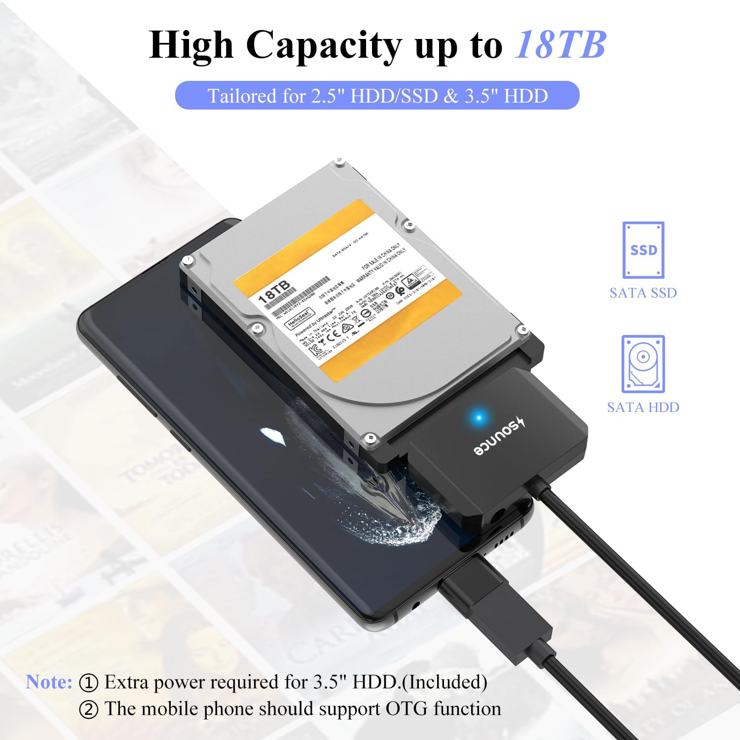 Sounce SATA Cable USB 3.0 to SATA III Hard Disk Connector for 3.5 2.5 inch SSD & HDD Hard Drive Disk and SATA Optical Drive with 12V 2A Power Adapter External Hard Disk Adapter Support UASP - Black — Amazon image 3