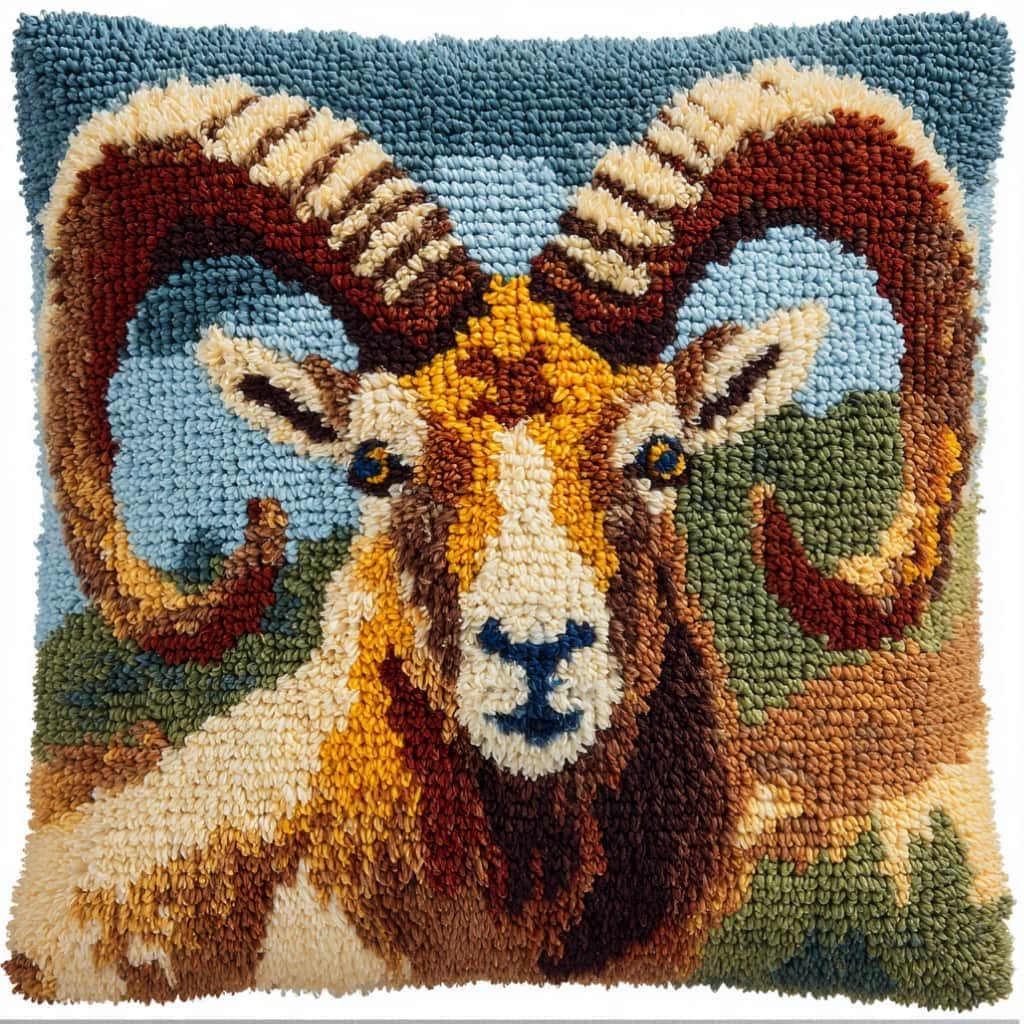 Taxpy DIY Latch Hook Pillow Kit Pre-Printed Hook and Latch Rug Kits Ibex 17X17 Inch.Cross-Stitch Embroidery Cushion Cover for Home Sofa Decoration