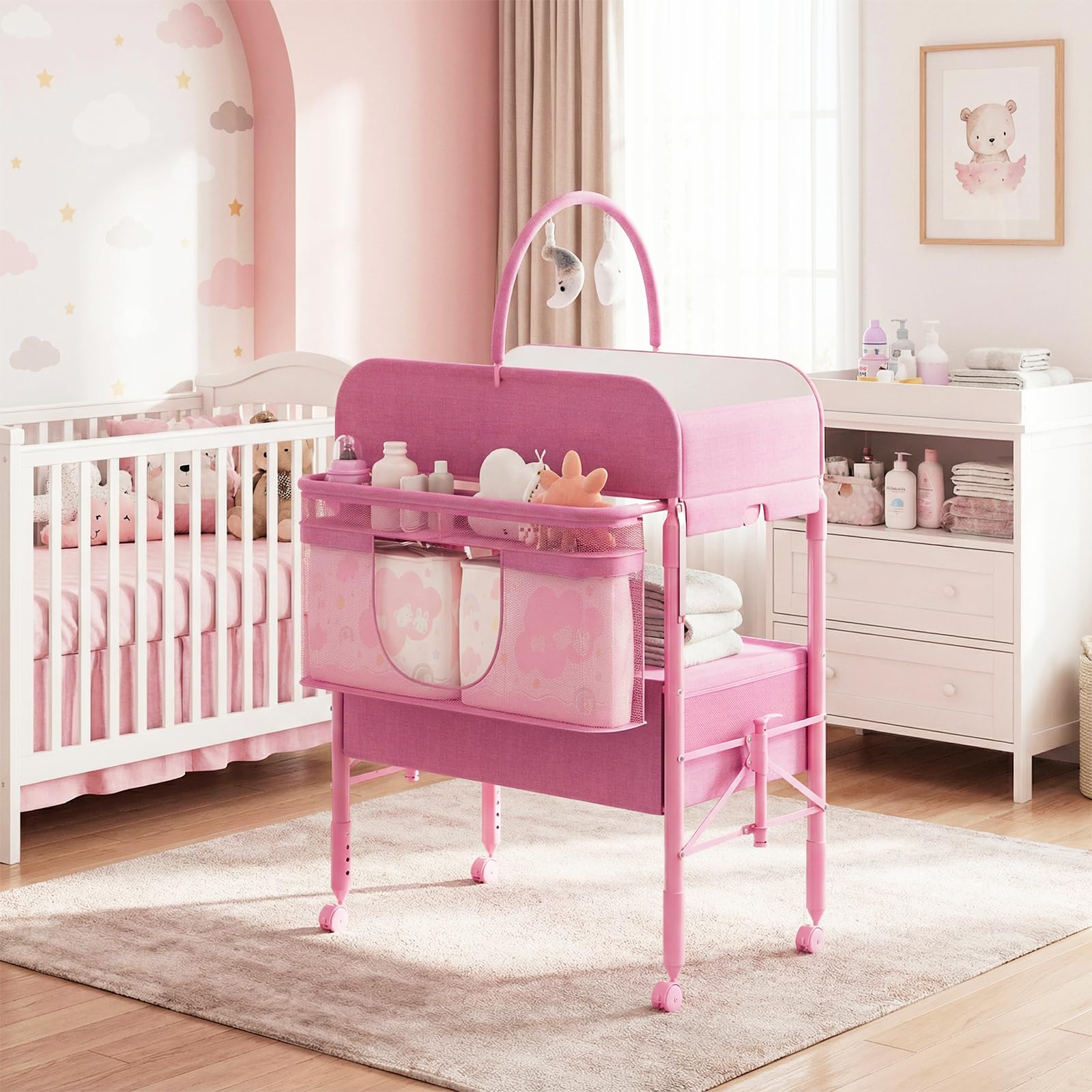 Cambiador portátil y plegable, estación cambiador plegable portátil, altura ajustable, colchón impermeable, cajones de almacenamiento para recién nacidos y bebés, rosa