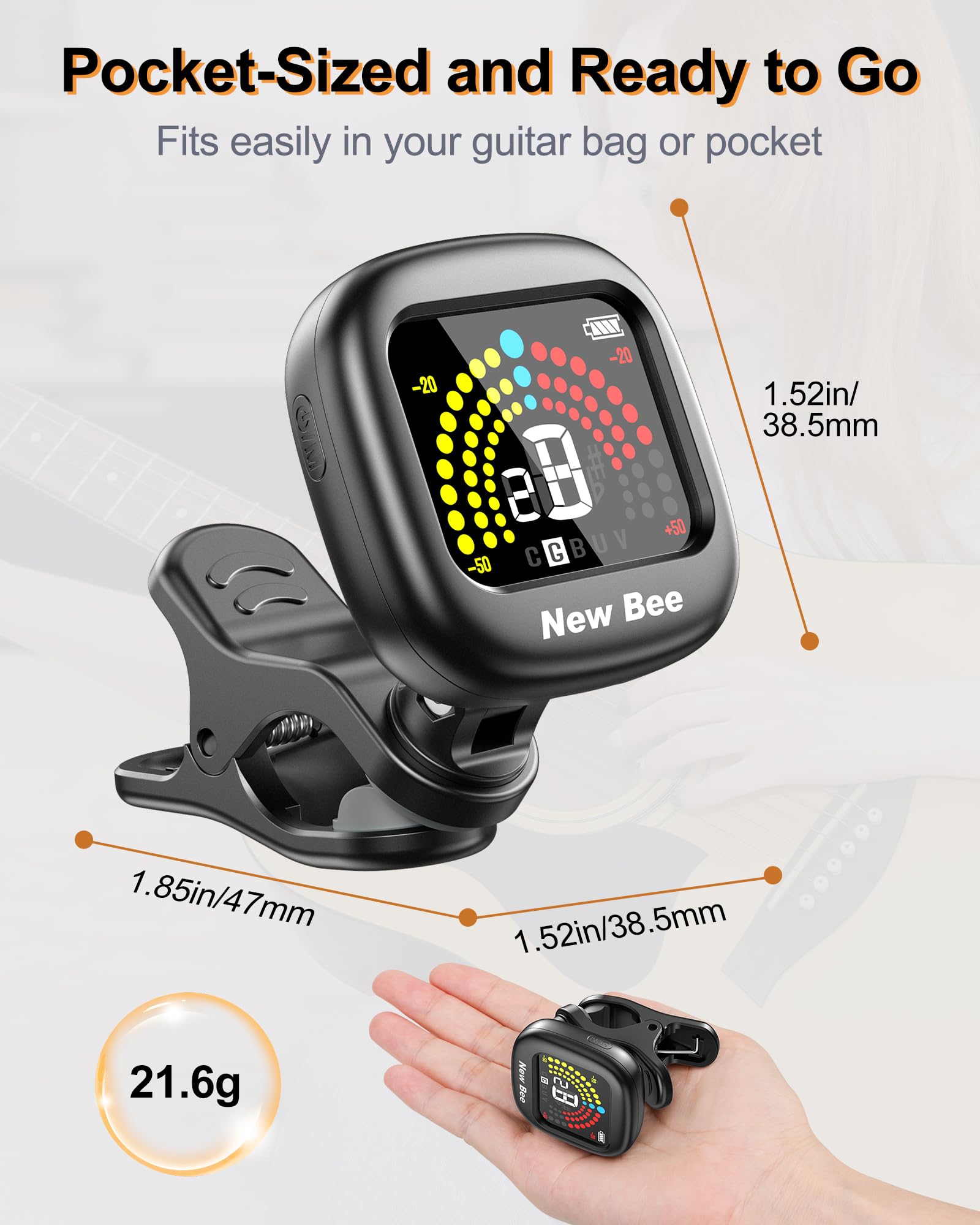 New bee Lot de 2 accordeurs de guitare rechargeables, rotatifs à 360° avec écran couleur, accordage chromatique rapide et précis pour guitare, basse, ukulélé, violon, violoncelle