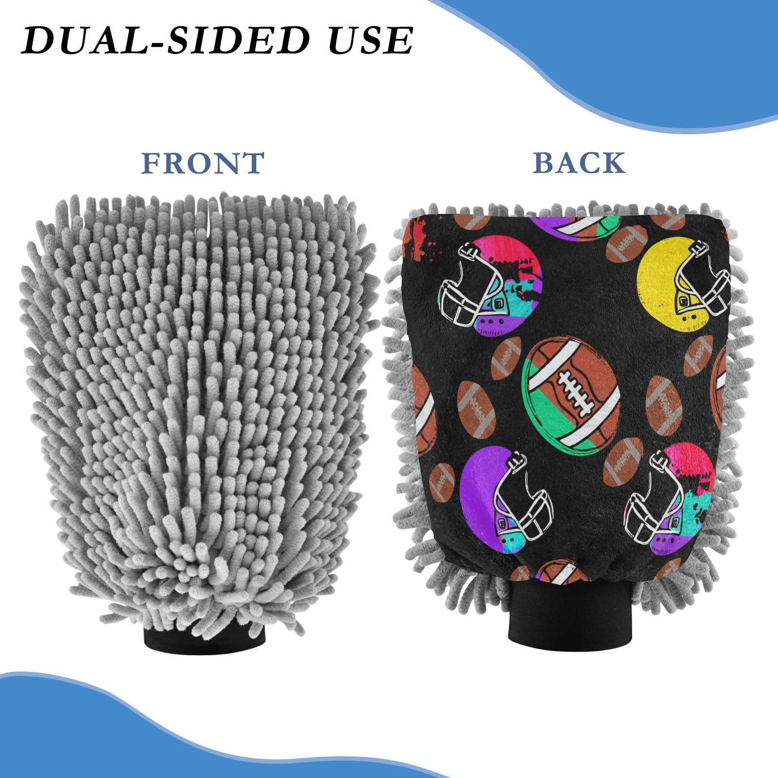 STAYTOP Rugby and Helmets Car Wash Mitt Microfiber, 2Pcs Scratch Free Lint-Free, Premium Chenille Microfiber Mitt Car Wash Brush-M