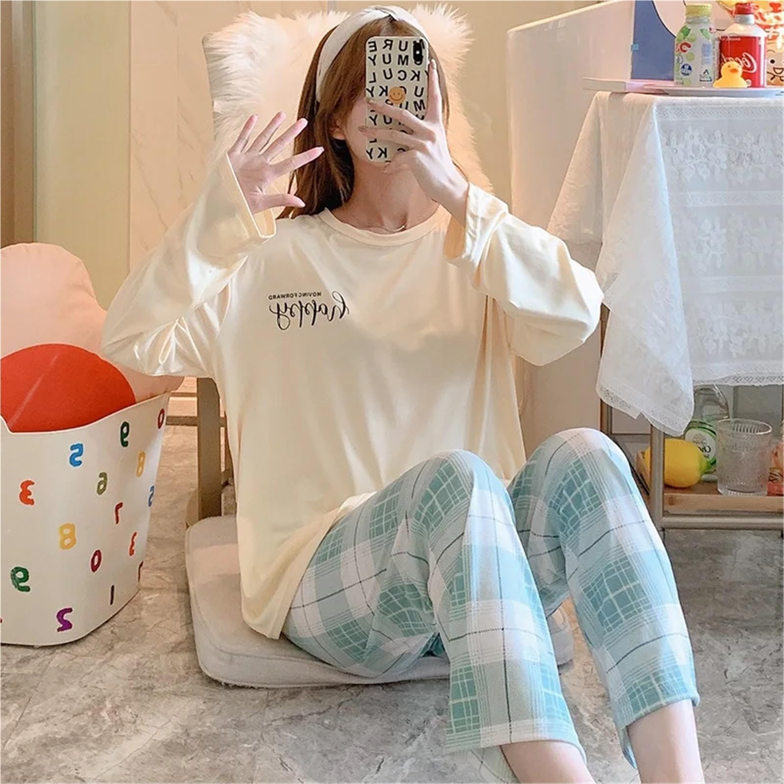 Women's Two-Piece Pajamas Set, Spring and Autumn Homewear, Long-Sleeved Trousers Suit, Simple and Wearable Outside(Blue)