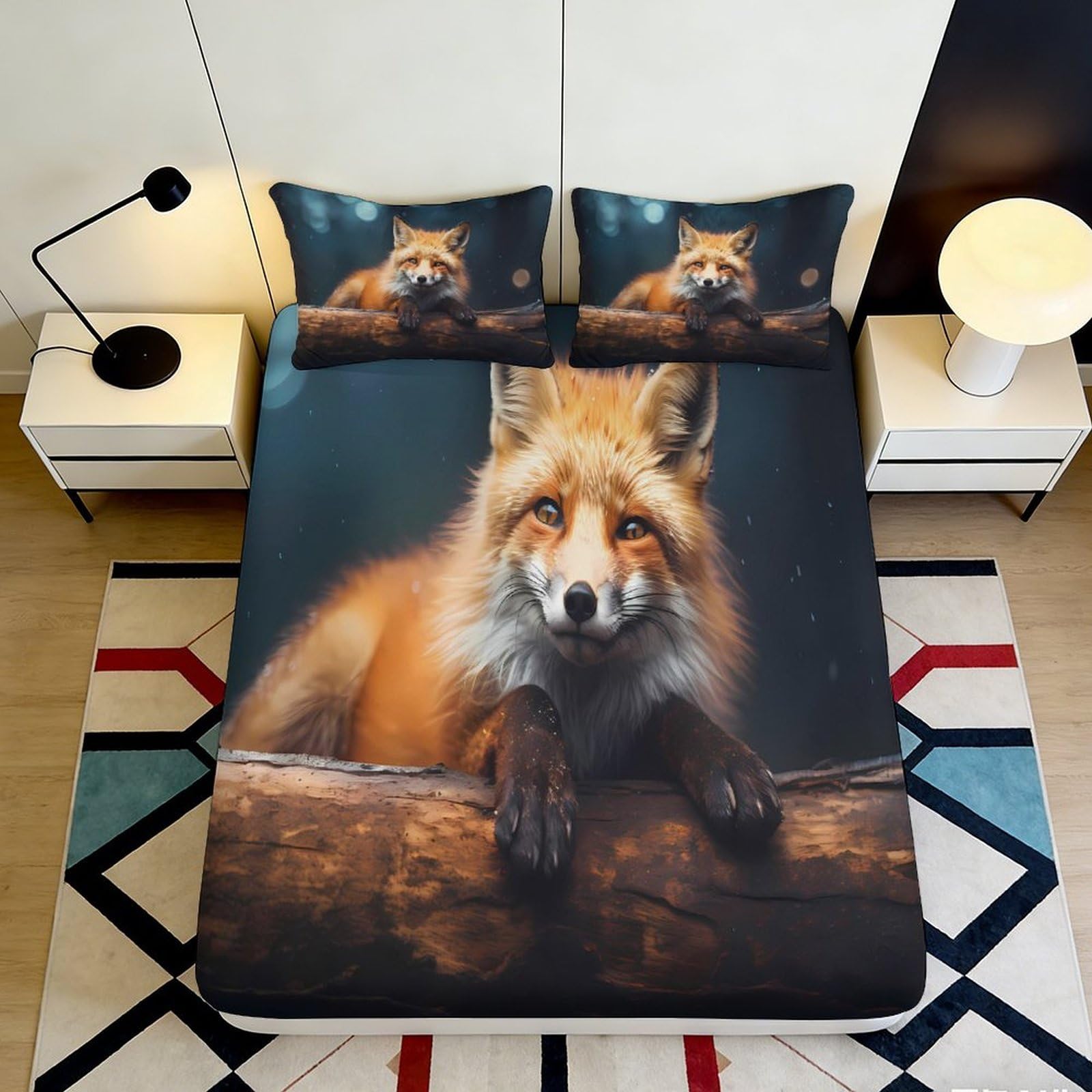 3D Printed Fox Design Fitted Sheet Microfiber Soft Durable 3D Printed Fox Pattern Mattress Cover for Bedroom Dorm Dormitory Guest Room Use 90x200x25cm