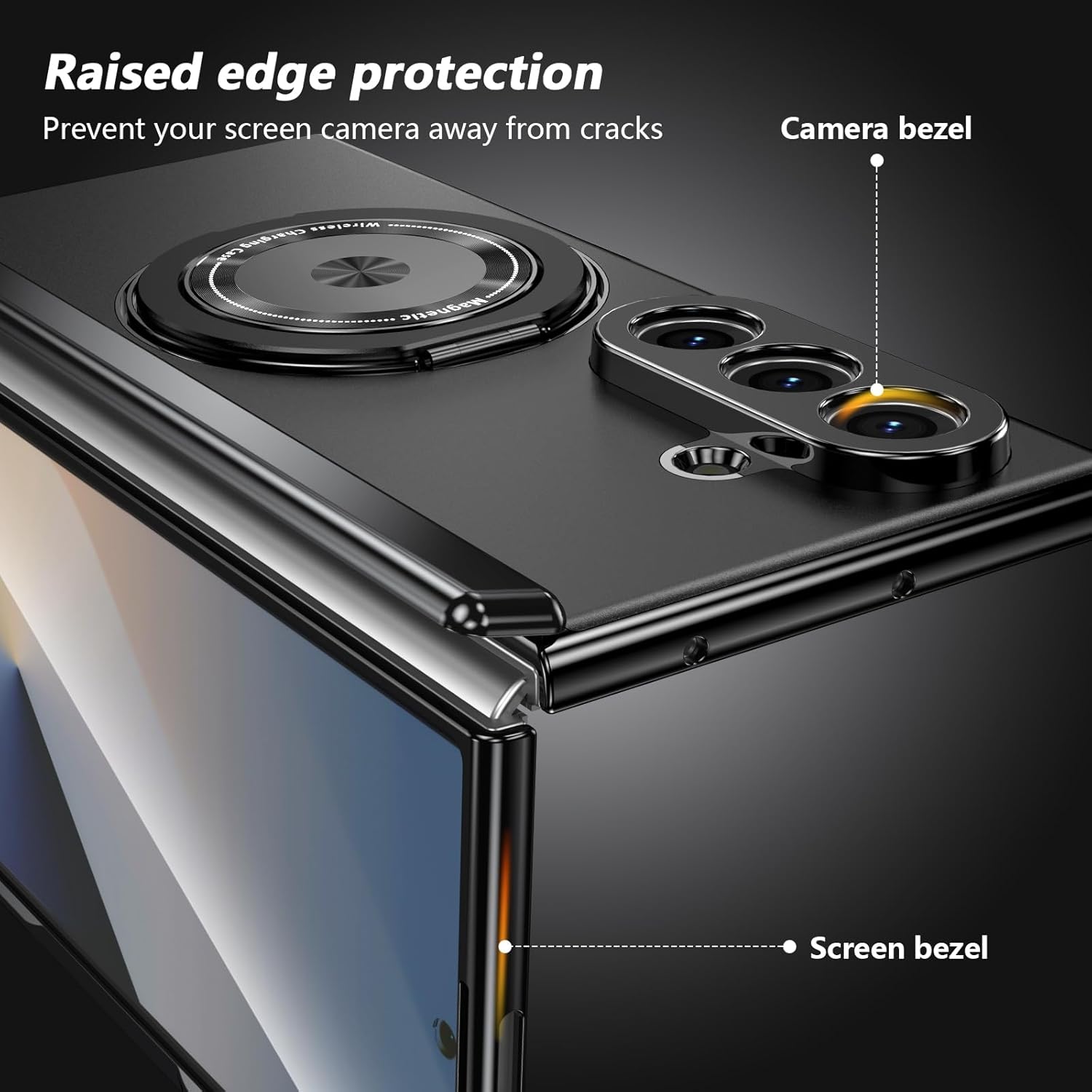 for Samsung Galaxy Z Fold 7 Case with Magnetic Ring Holder, 360 Rotating Bracket, Hinge Protection and Built-in Front Screen Protector, Slim Anti-Drop Shockproof Case.-Black