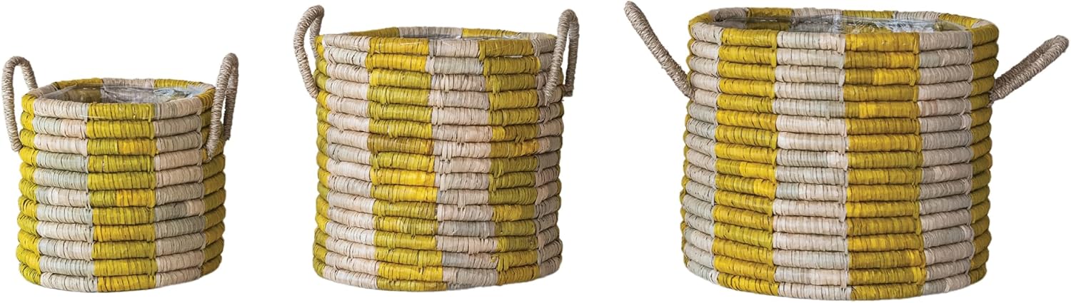 Creative Co-Op 3-Piece Hand-Woven Seagrass Baskets with Stripes, Handles and Plastic Lining, Natural and Yellow
