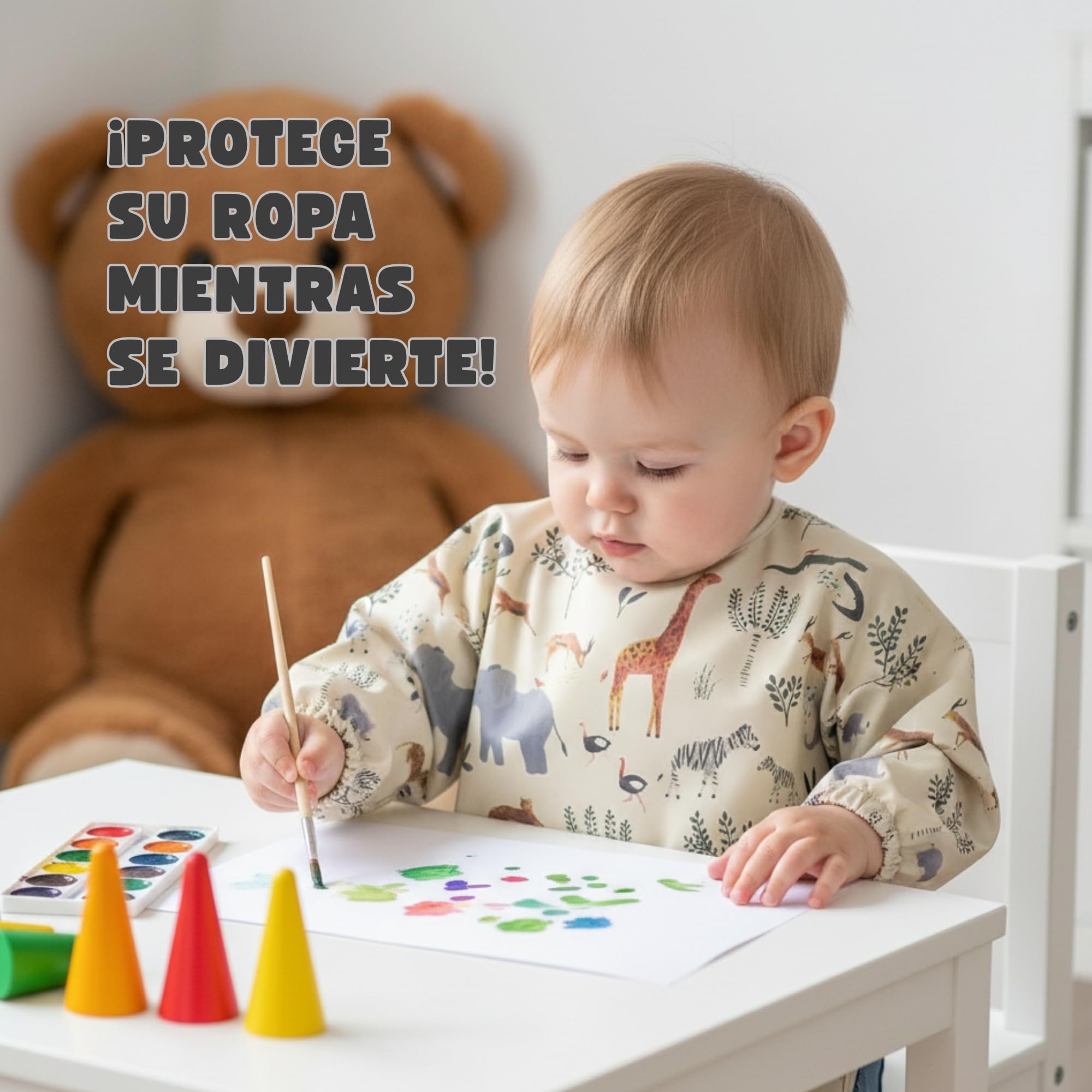 Baberos Bebé Impermeables con Mangas + Bolsita de Transporte | Babero BLW para Bebé 12–36 Meses | Doble Capa 100% Impermeable | Puños Elásticos y Bolsillo Canguro | Fácil de Limpiar