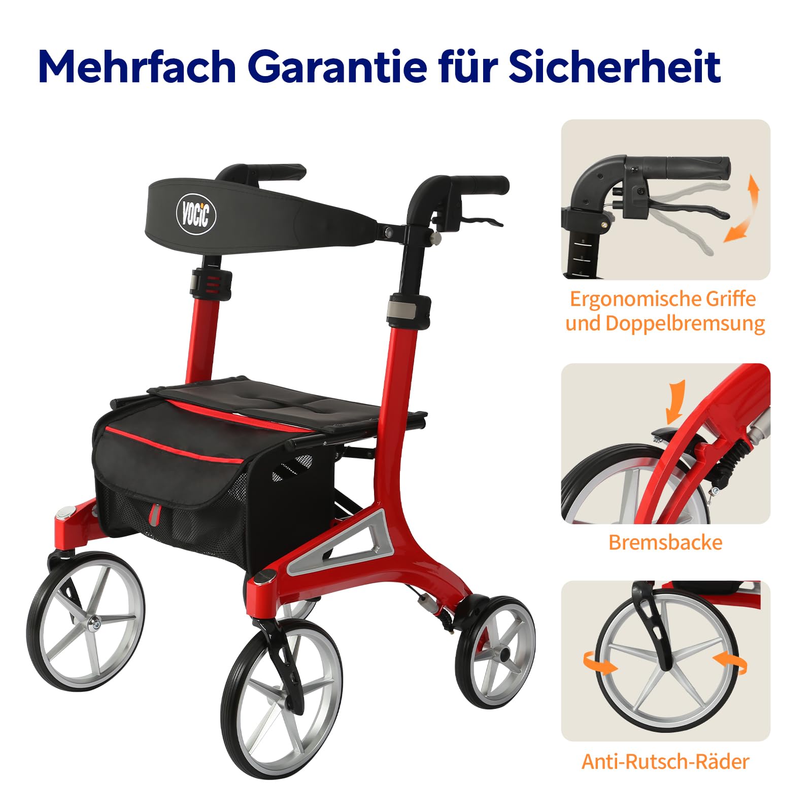 VOCIC Z71 Rollator faltbar leicht mit Sitz, Wasserdicht Aluminium Walker | Leicht klappbar für Senioren, Rollatoren leichtgewicht und faltbar spezial, Pannensichere All-Terrain-PU-Reifen, Rot