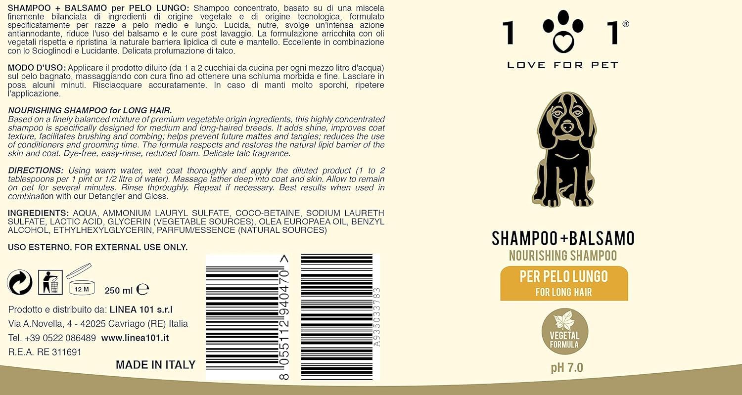 Champú + Acondicionador Natural, 250ml - Delicado y Perfumado - para Perros de Pelo Largo, Linea 101
