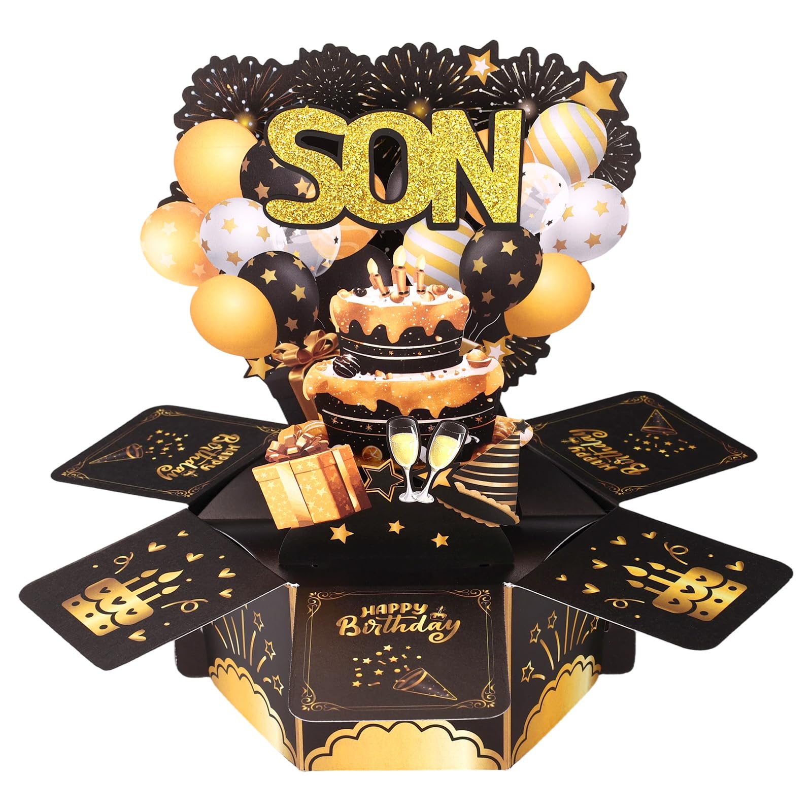 Birthday Popup Card for Son, 3D Black & Gold Birthday Greeting Card with Envelope Funny Bday Gift from Parents Dad Mom