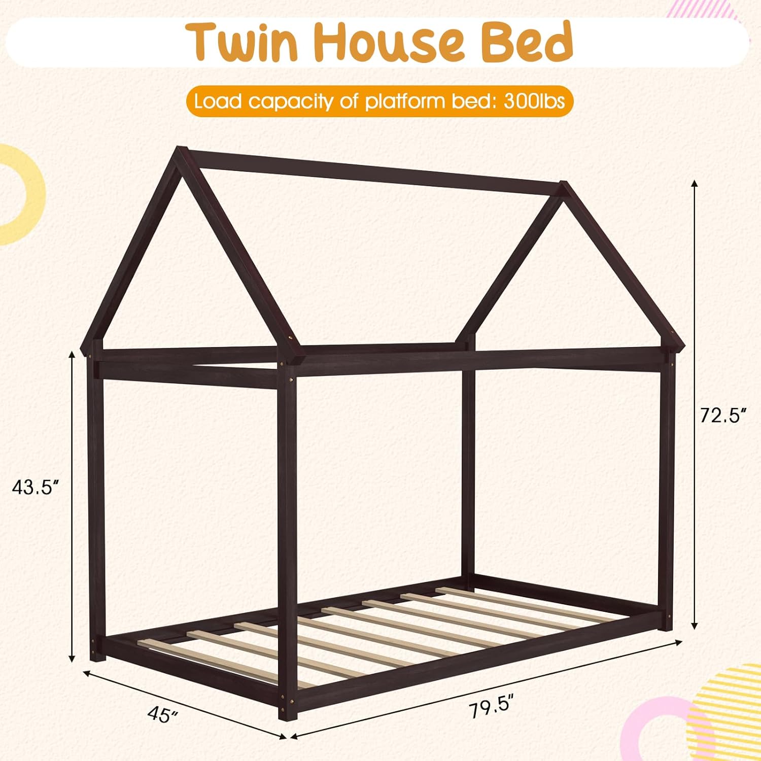 Giantex Twin Montessori Bed Frame with House Roof Canopy, Low Floor Bed with Sturdy Wood Slat Support, No Box Spring Needed, Playhouse Bed for Kids Teens Boys Girls (Espresso)