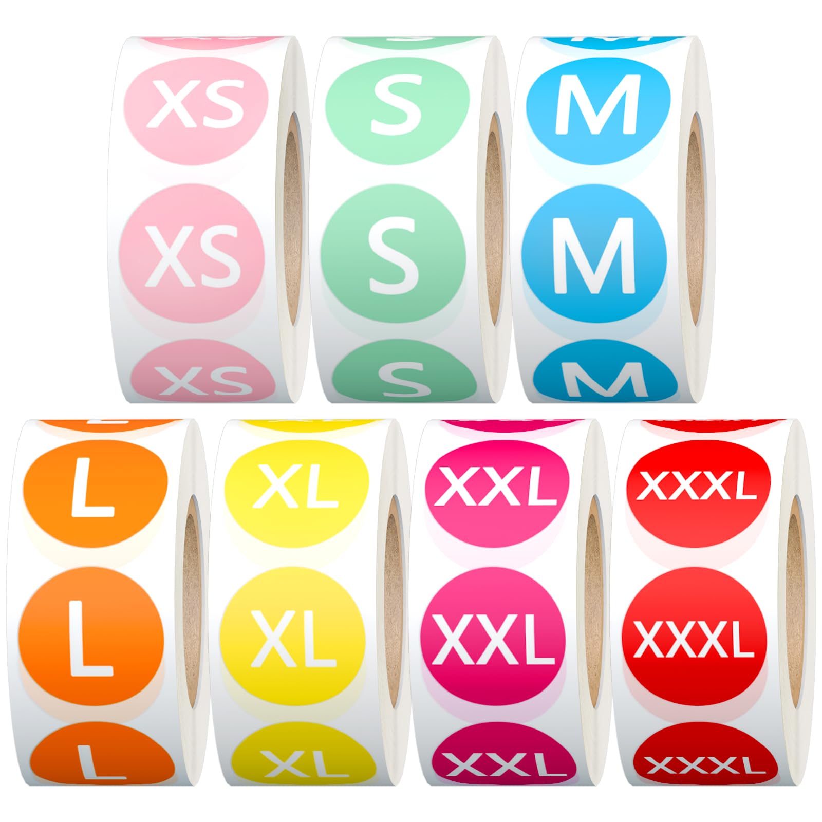 3500 Pcs 7 Rolls 7/8 Inch Size Stickers, 7 Colorful Sizes Coded Round Self Adhesive Labels for Clothing, Sticker Holder for Shirt (XS, S, M, L, XL,