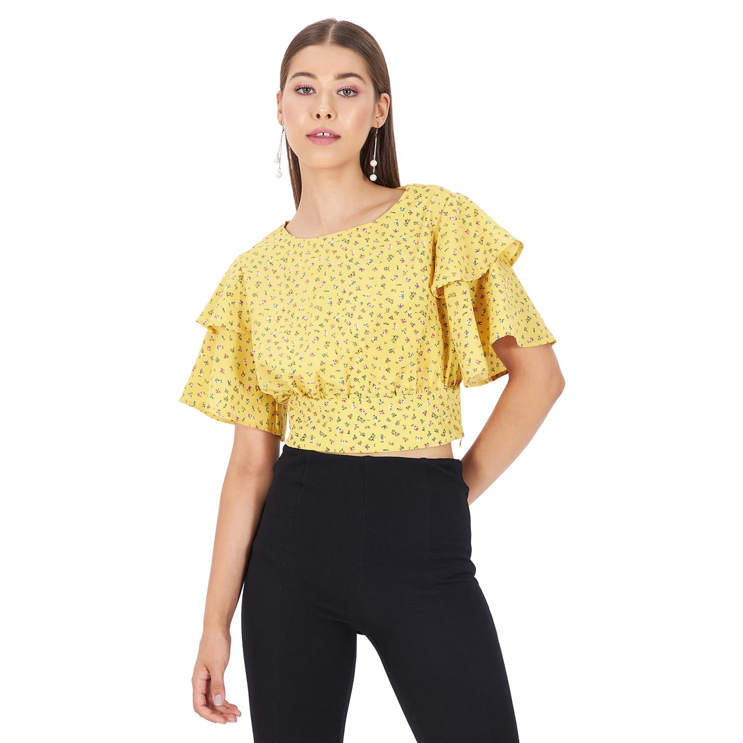 eiko Yellow Polyester Floral Ruffle Crop Top for Women-picture-36