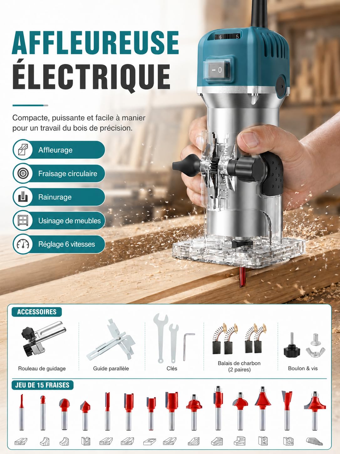 VOBOR Affleureuse à Bois Défonceuse Électrique, 800W 30000 RPM Défonceuse à Bois avec 15 Fraises à Défoncer Queue de 1/4", Outil de Routeur avec Pinces de 6/6.35mm pour Travail du Bois