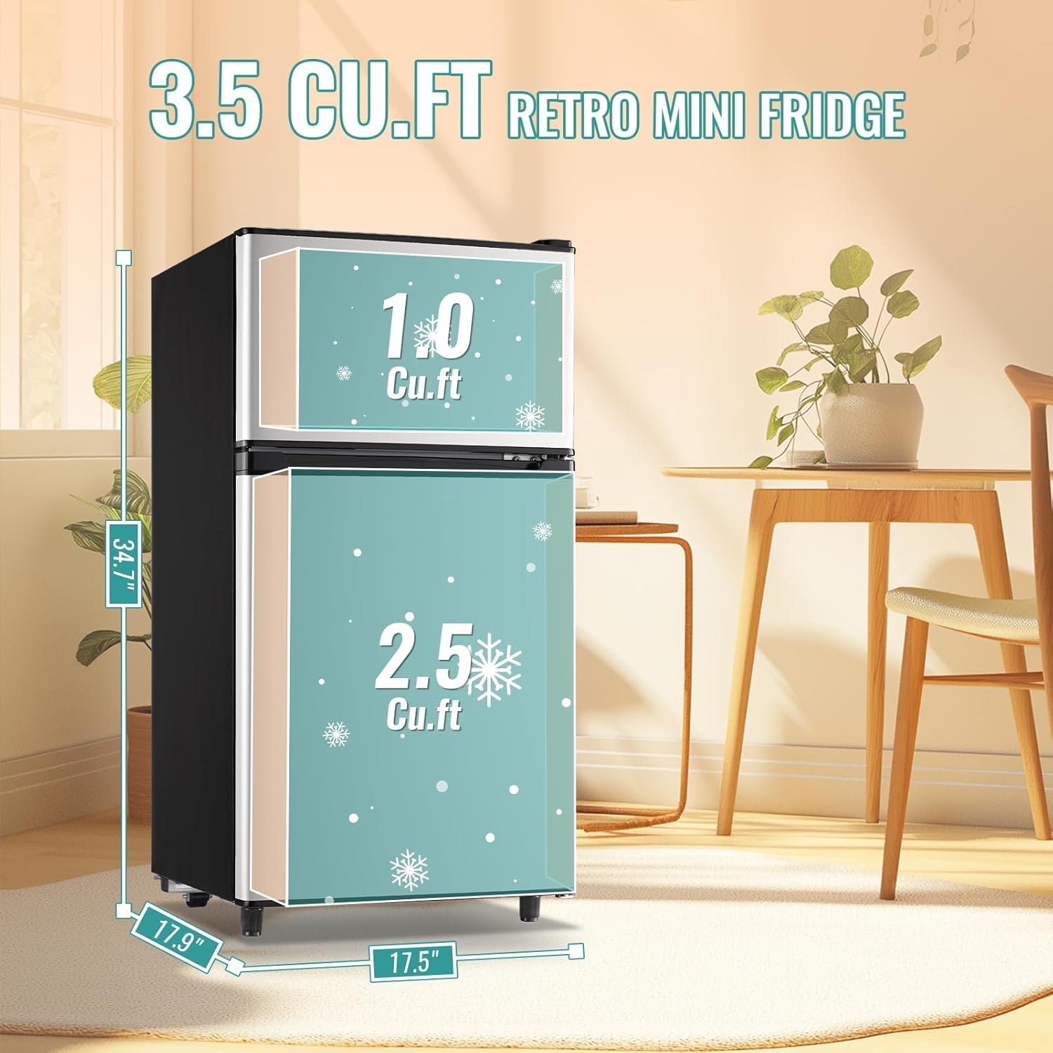 WANAI 3.5 Cu.Ft Mini Fridge with Freezer, Freestanding Refrigerator for Office, Dorm, Apartment, 7-Level Adjustable Thermostat, 2 Removable Shelves and Bakset, Small Fridge in Silver
