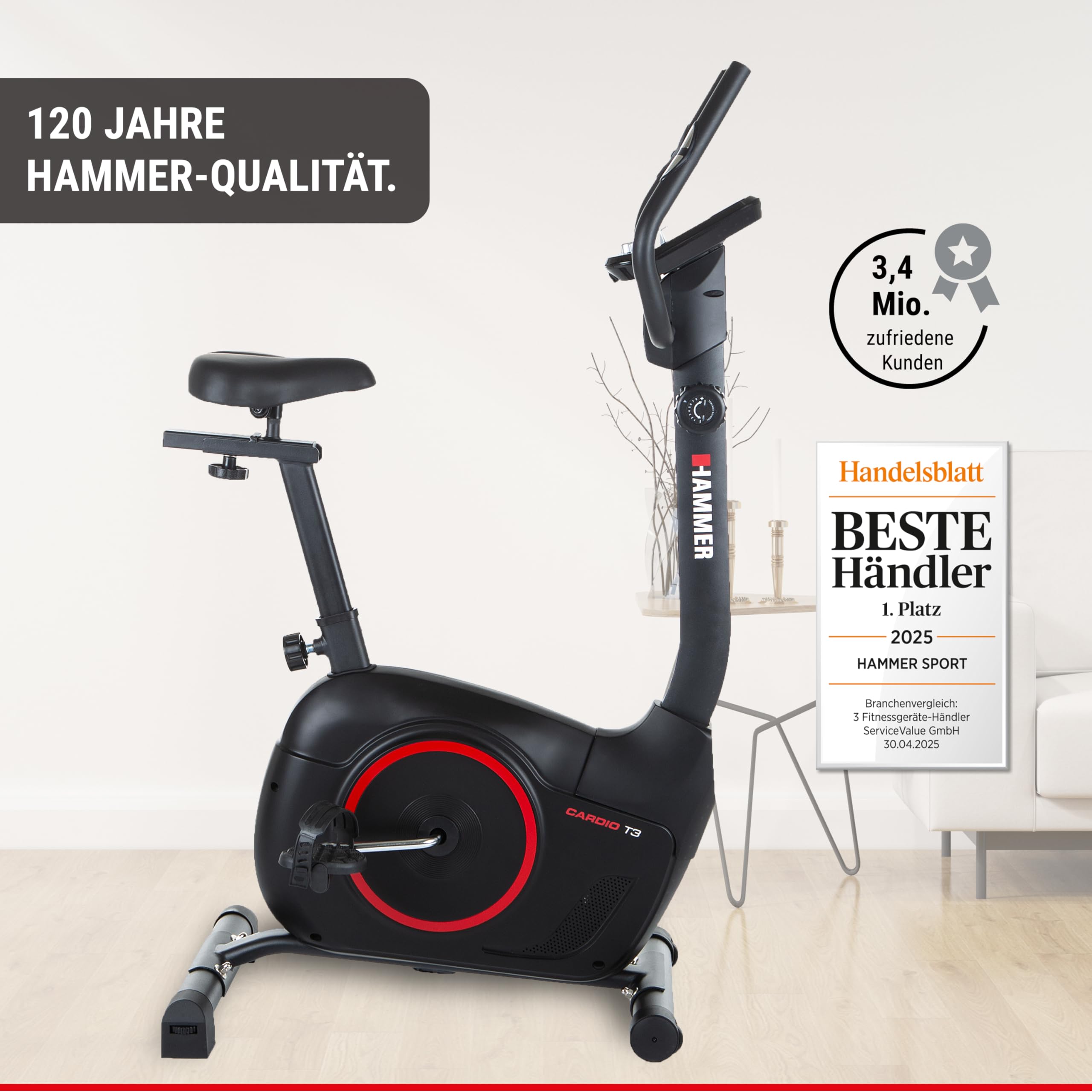 HAMMER 4860 - Cyclette Cardio T3, bassa resistenza all'entrata, particolarmente silenziosa, sella comoda, adatta come supporto per tablet, 90 x 46 x 137 cm