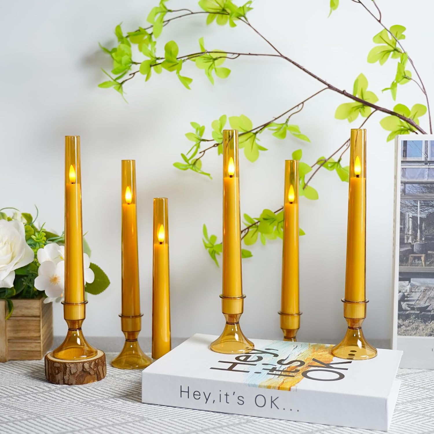MUMCHASI Flameless Window Candles, Battery Operated Candlesticks with Remote, Flameless Taper Candles, Fall Flickering LED Candlesticks, Acrylic Design for Party Wedding Halloween H9.5”
