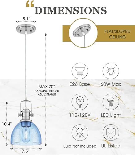 Miniatura 2 de Audickic AD-22151-1P-OR - Luces colgantes de isla de cocina, iluminación colgante de granja con pantalla de vidrio con semillas de ámbar, lámparas