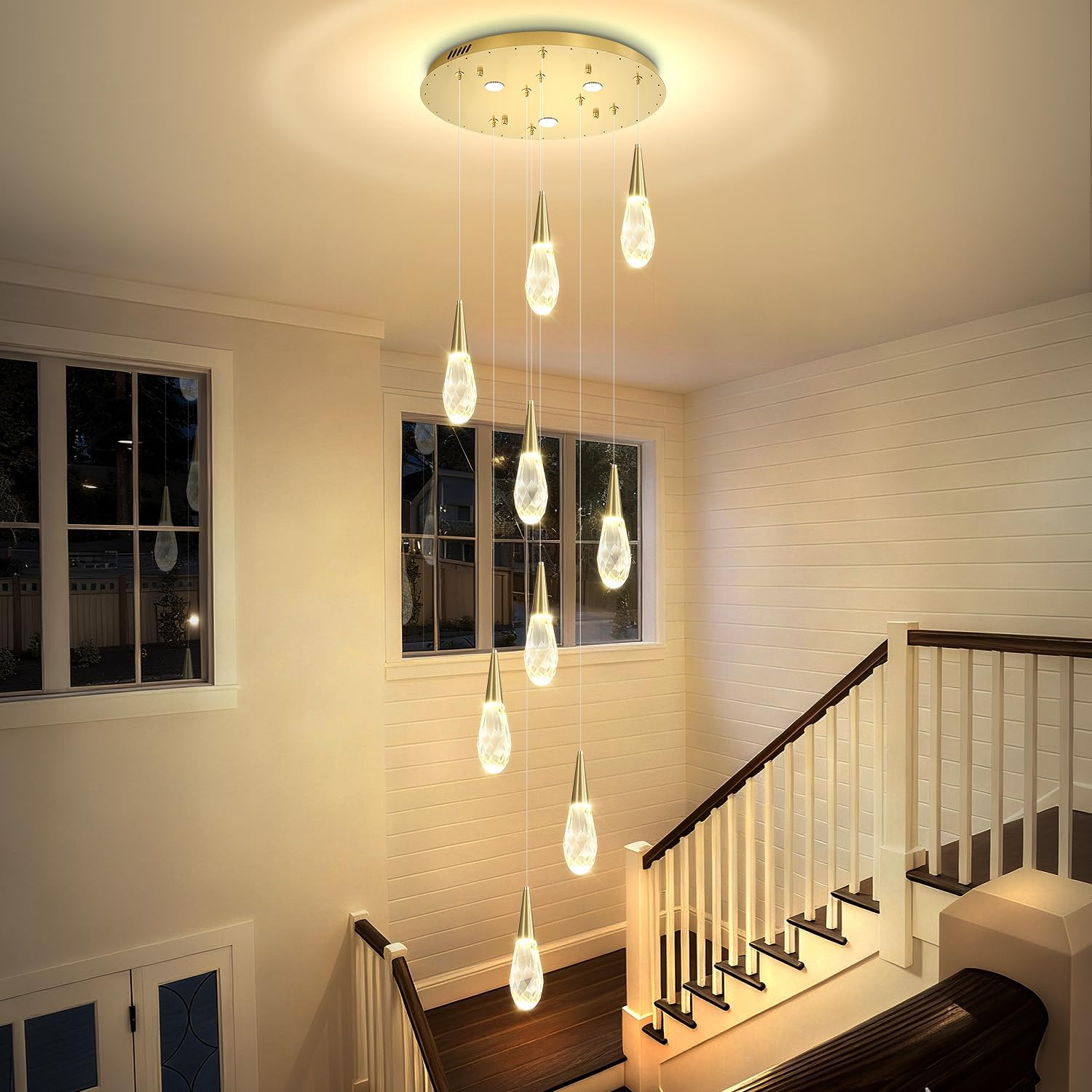H98 Modern Chandelier for Stairway 9-Lights Crystal Raindrop Chandelier Gold Pendant Light for Staircase Living Room Entryway LED Dimmable High Ceiling Chandeliers with Remote Gold 9-light