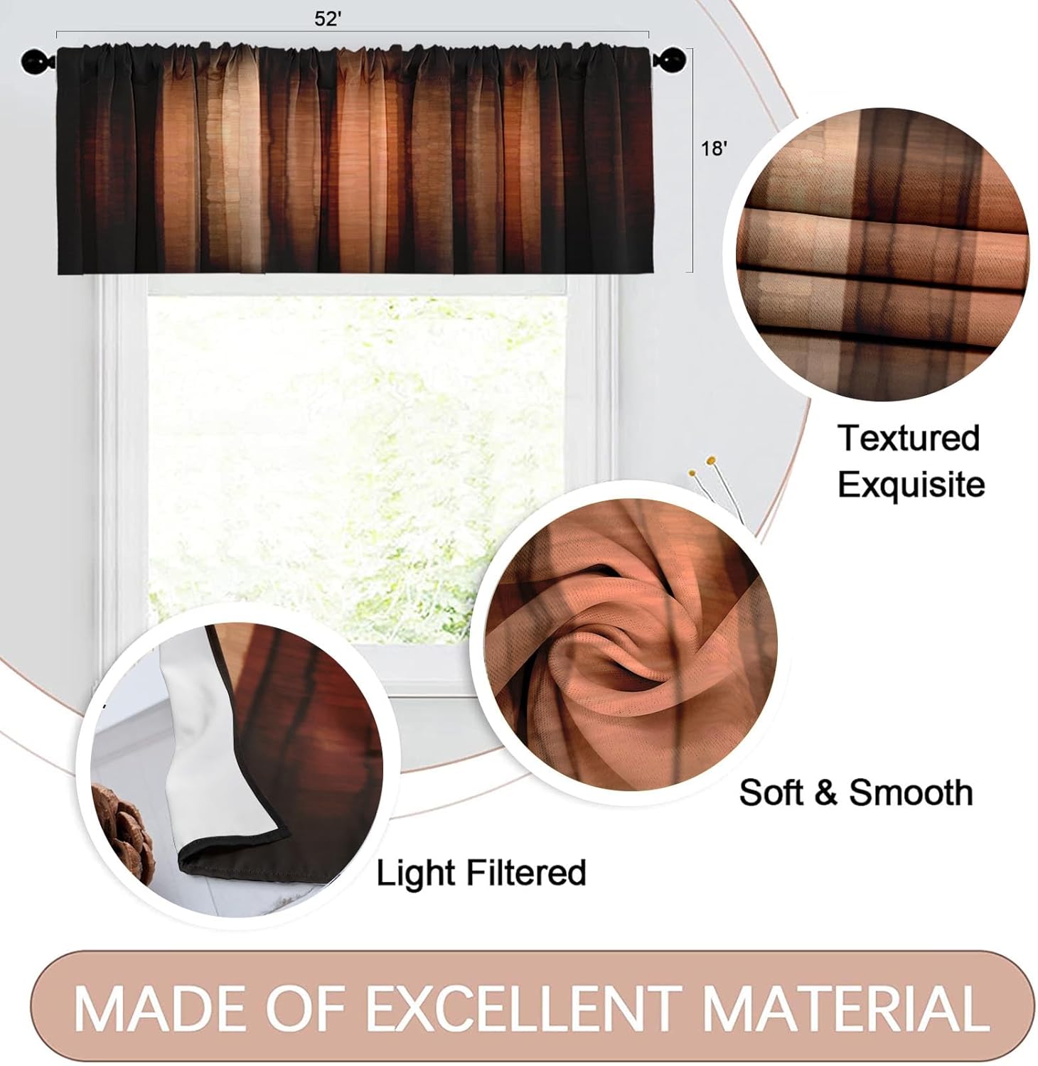 Emvency 4 Pack Valances Window Treatments, Orange Copper Vintage Stripe Blackout Adjustable for Living Room Bathroom Bedroom Kitchen Over Sink, 18x52 Inch Rod Pocket Valances - Image 2