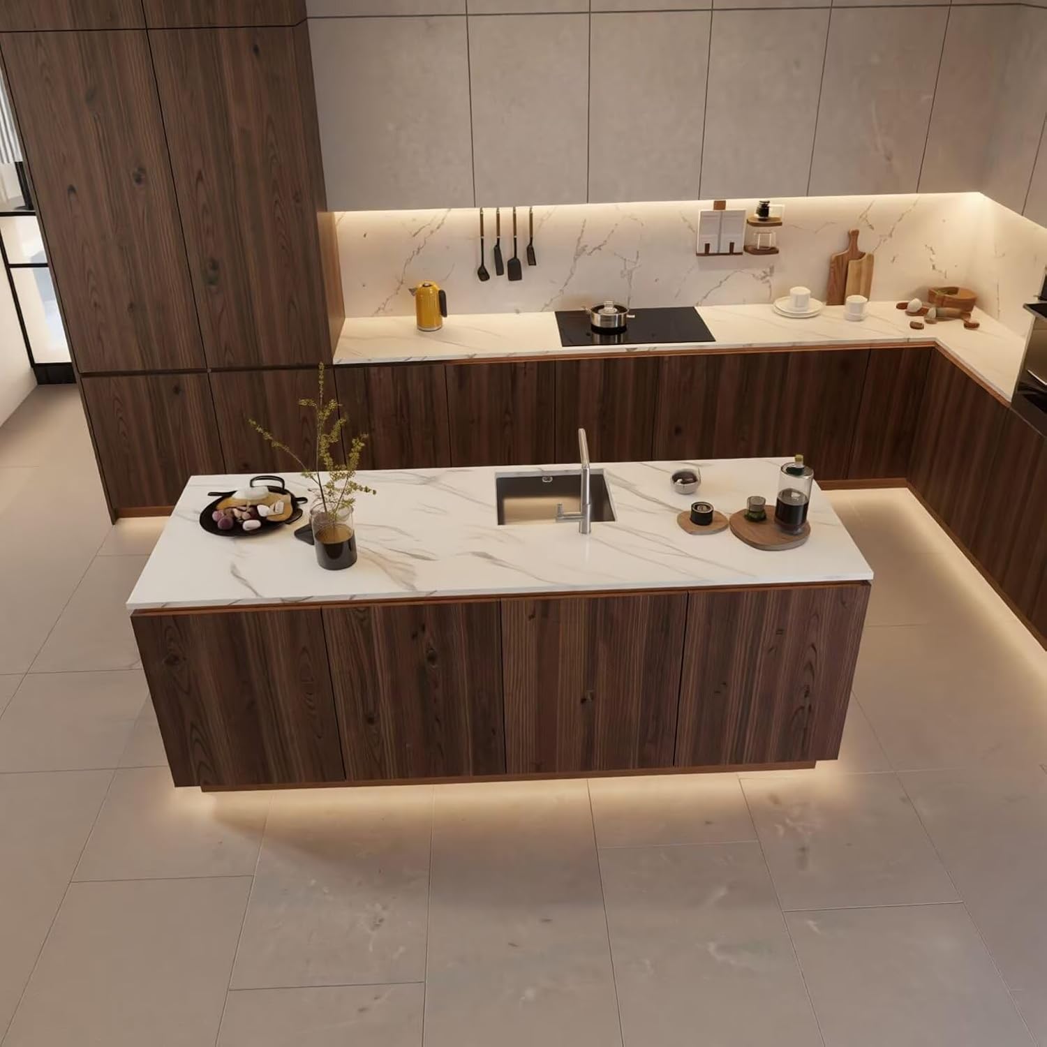 Kitchen Island with Storage - Kitchen Island Table with Recessed Sink, Modern Dinner Table Includes Integrated LED Under Cabinet Lighting, Multi-Functional (68IN No Chairs)