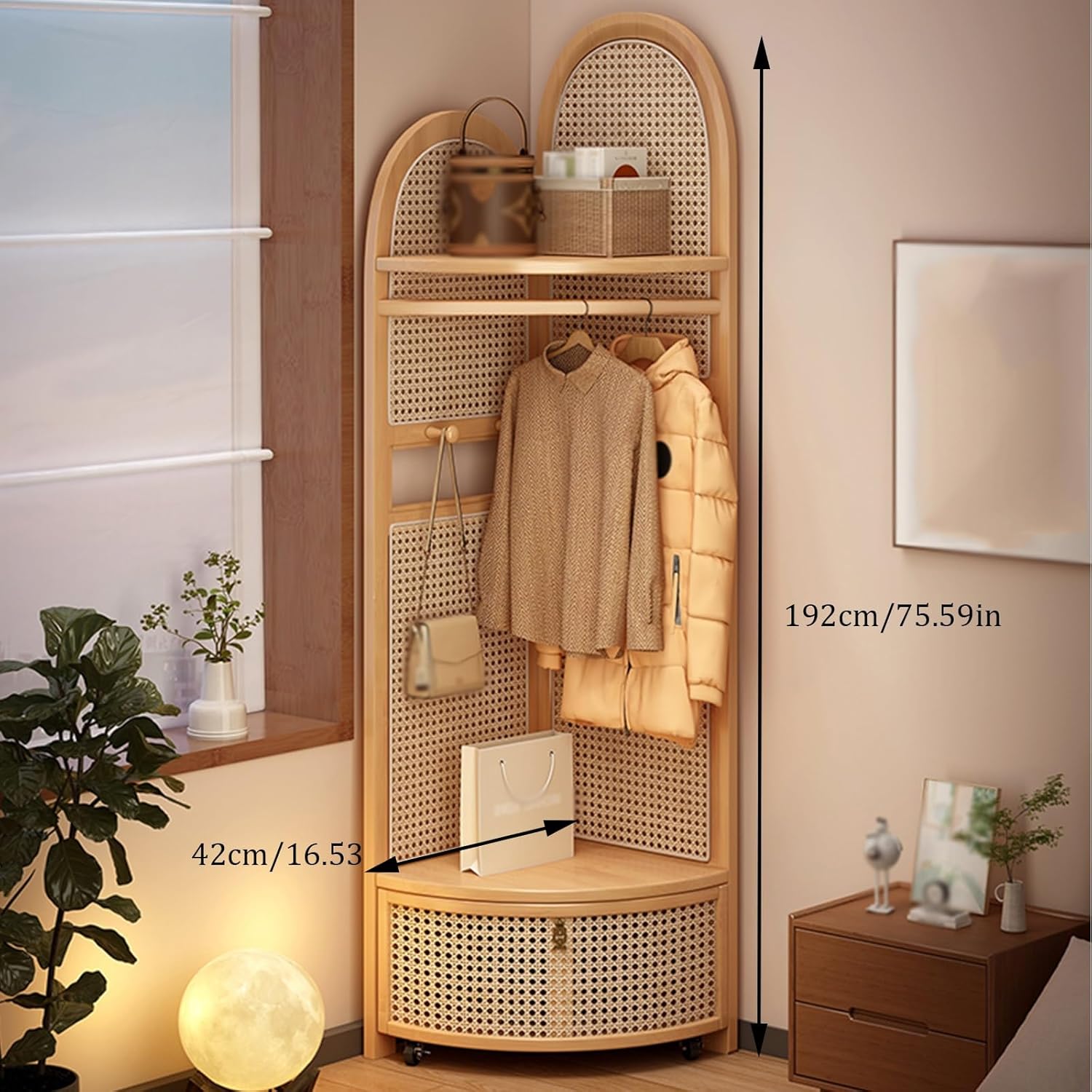 Rattan Corner Hall Tree with Hooks - Freestanding Clothing Rack, Rolling Storage Basket, PE Rattan Craftsmanship, Stylish Wood Color Organizers for Entryway & Bedroom