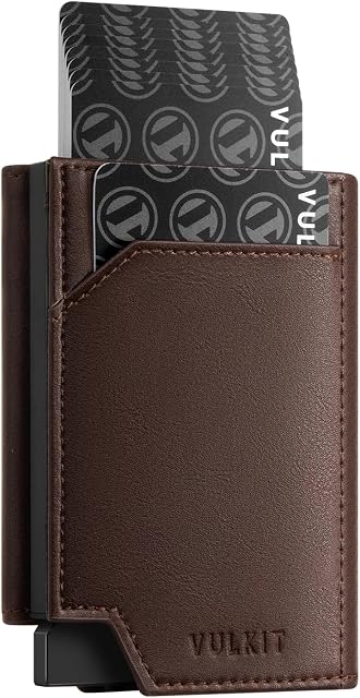 VULKIT Pop-Up Card Wallet for Men Leather Credit Card Holder RFID Blocking with Coins Pocket Magnetic Closure & Card Case, Espresso