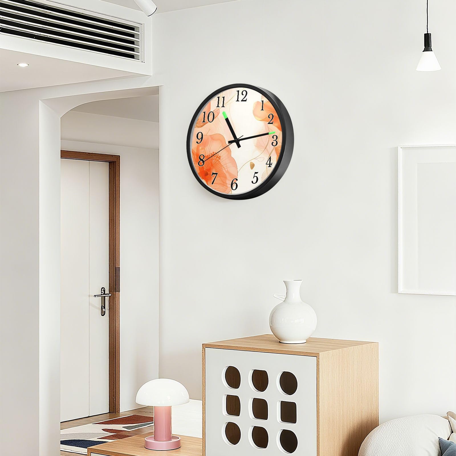 Mnsruu Reloj de pared luminoso naranja con copias de flores, hojas de plantas, reloj de dormitorio, funciona con pilas, reloj silencioso que brilla en la oscuridad, para sala de estar, cocina, 12