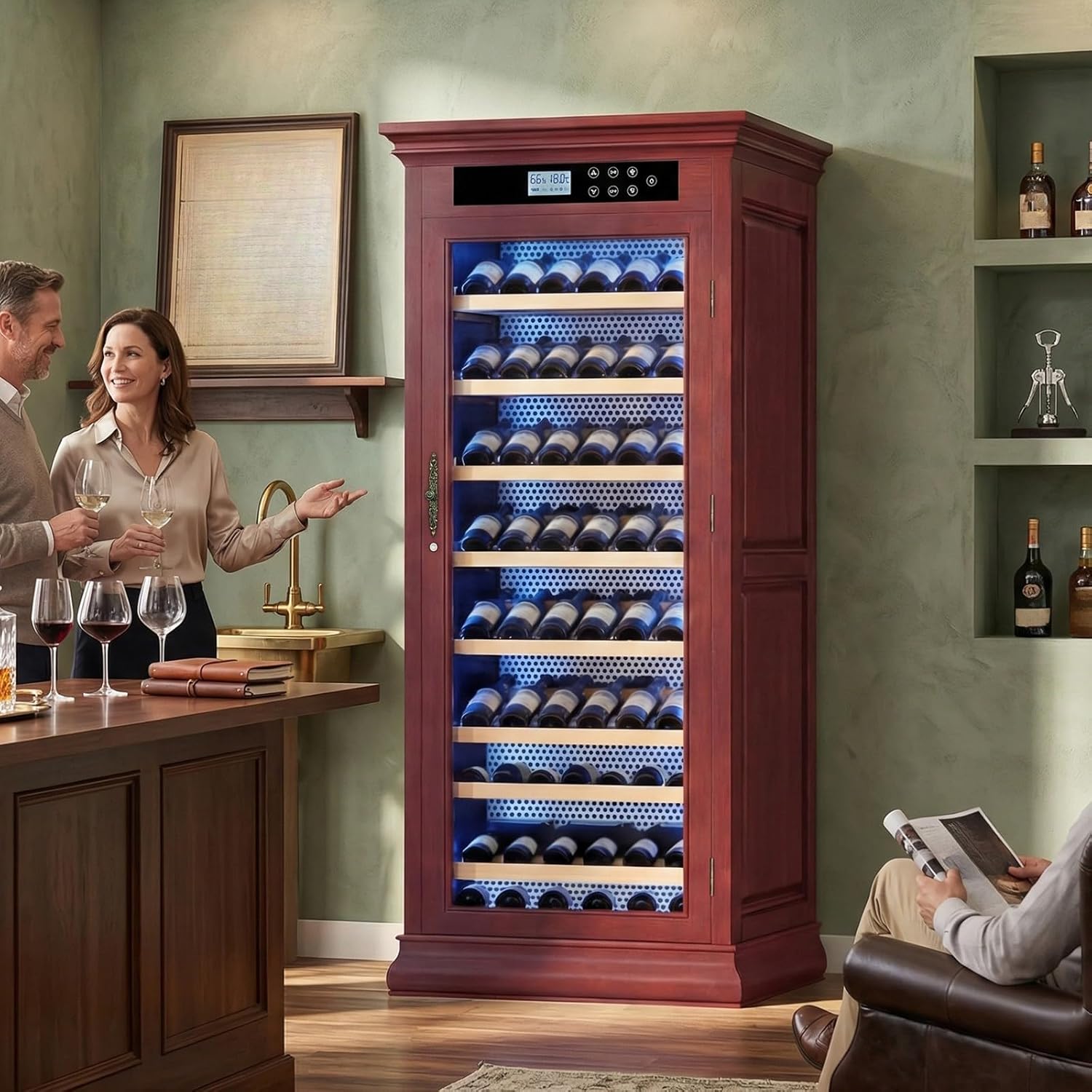 102-Bottle Wine Cabinet, Wine Cooler with UV Protection Glass & Digital Temperature Control, Adjustable Shelves, Cooling System, Perfect for Home Kitchen & Dining Room, Cherry Red