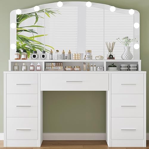 usikey 43.3" Vanity Desk with Large Lighted Mirror, Makeup Vanity Table with 7 Drawers & 10 Lights Bulbs, 3 Lighting Colors, Make Vanity Desk, Vanity Table for Women Girls, White