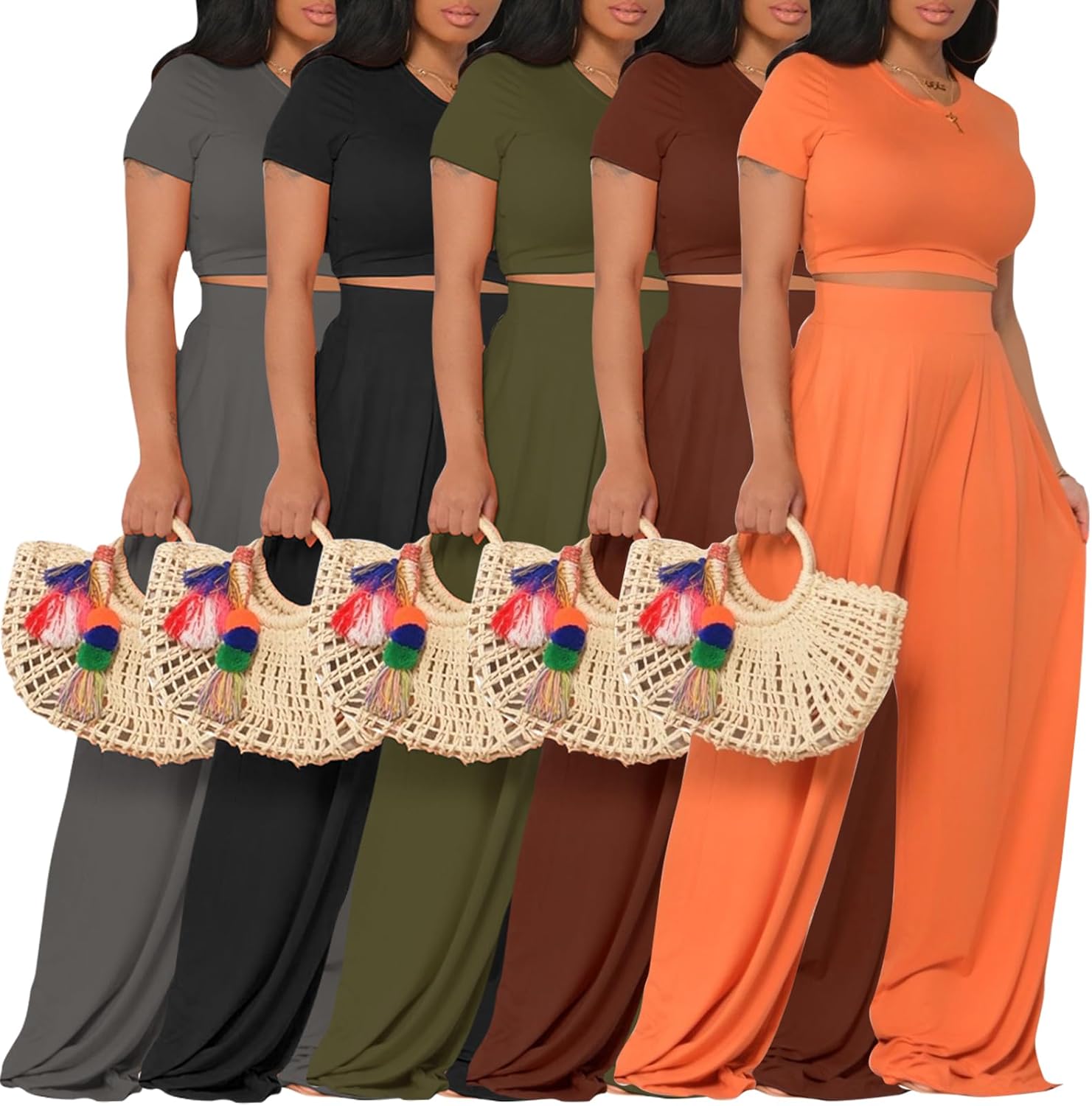 YouSexy Casual Summer 2 Piece Outfits for Women Short Sleeve Crop Top High Waist Wide Leg Pants Sets - Image 6