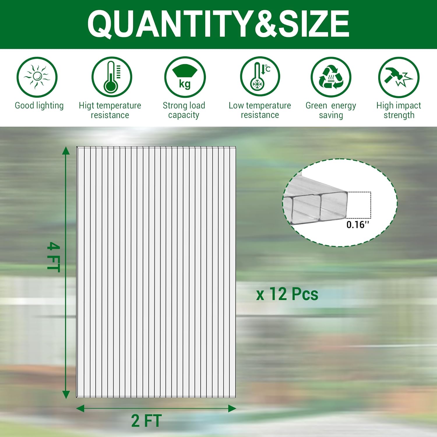 12 PCS 4' x 2' x 0.16'' Polycarbonate Greenhouse Panels Twin-Wall Polycarbonate Panels Reinforced Shatterproof Panel Greenhouse Polycarbonate Roof Panels for Outdoor Greenhouse Plant Stand Roof