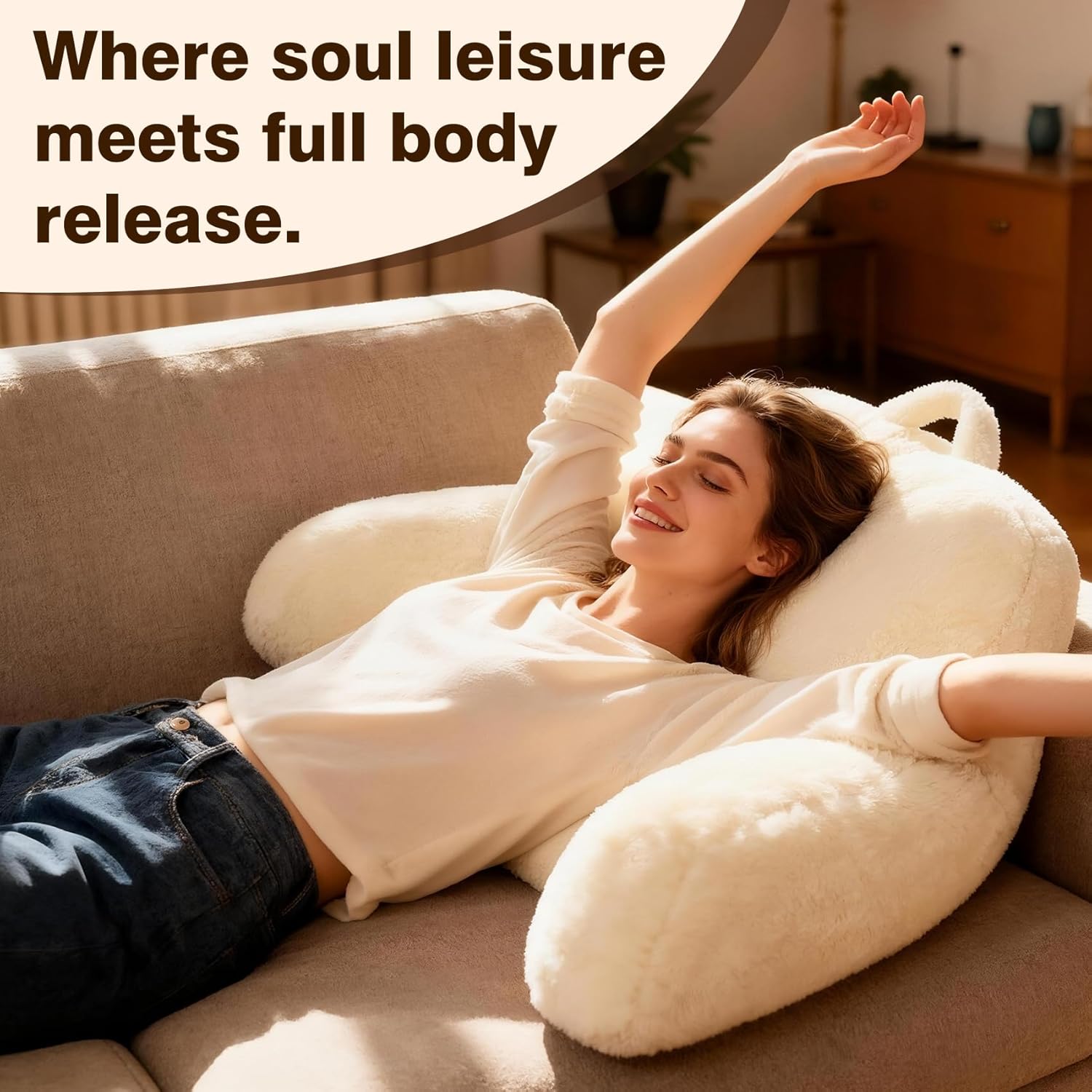 Faux Fur Reading Pillow for Bed/Couch/Floor/Dorm, Great Cozy Back Pillow for Bed Sitting Up, Fluffy Fur Bed Pillow for Sitting Up for Adults/Teens/Kids, Upgrade Back Support Pillow, Ivory