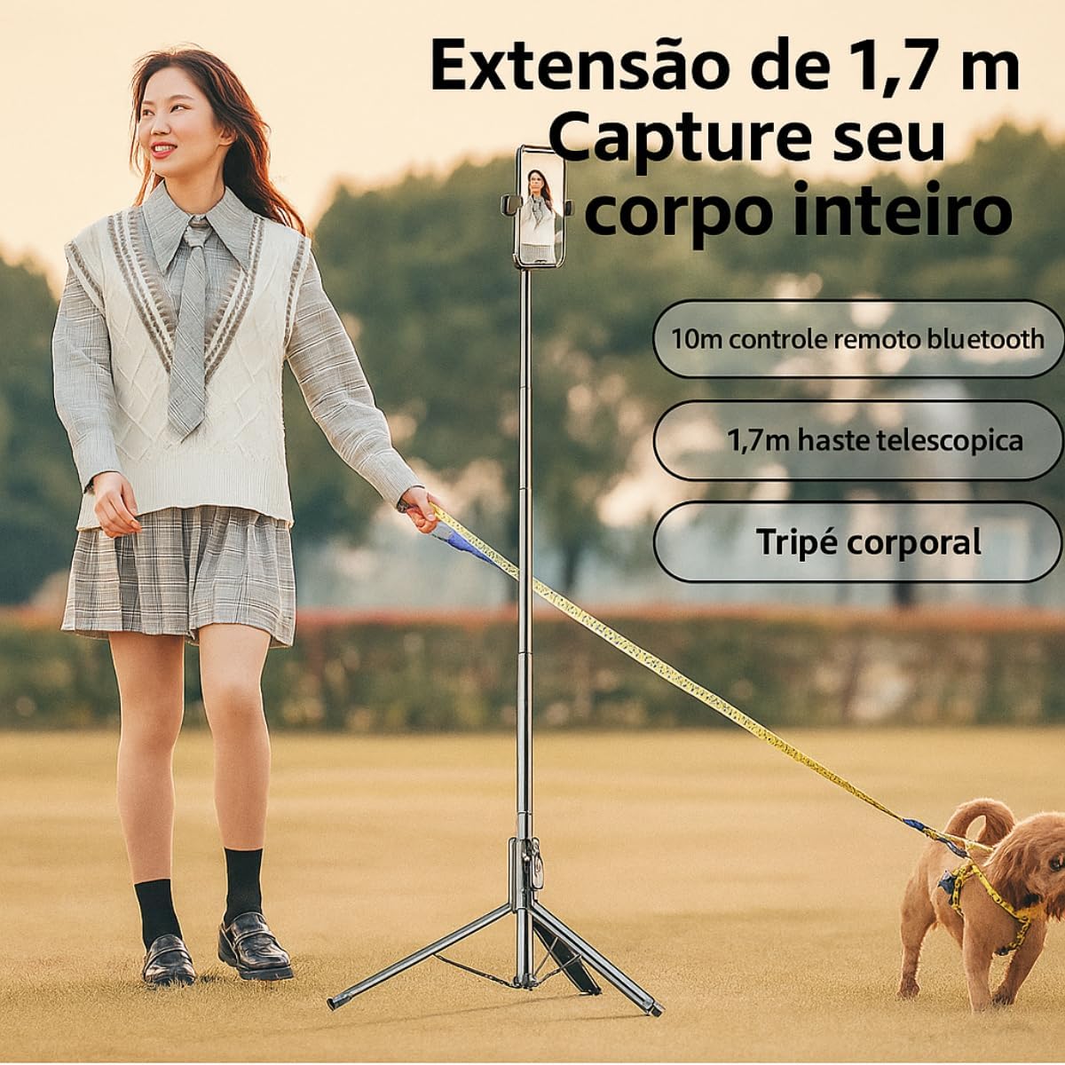 Tripé Bastão de Selfie 3 em 1 – Compacto e Extensível até 1,70 m de Altura, Controle Bluetooth, Rotação 360° – Para Gravações, Reels, TikTok, YouTube, iPhone e Android Tripé Bastão de Selfie 3 em 1 – Compacto e Extensível até 1,70 m de Altura, Controle Bluetooth, Rotação 360° – Para Gravações, Reels, TikTok, YouTube, iPhone e Android