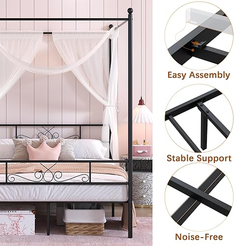 Miniatura 6 de Weehom Marco de cama con dosel completo con cabecero y estribo, marco de cama de metal con 4 carteles, no necesita somier, base de colchón para