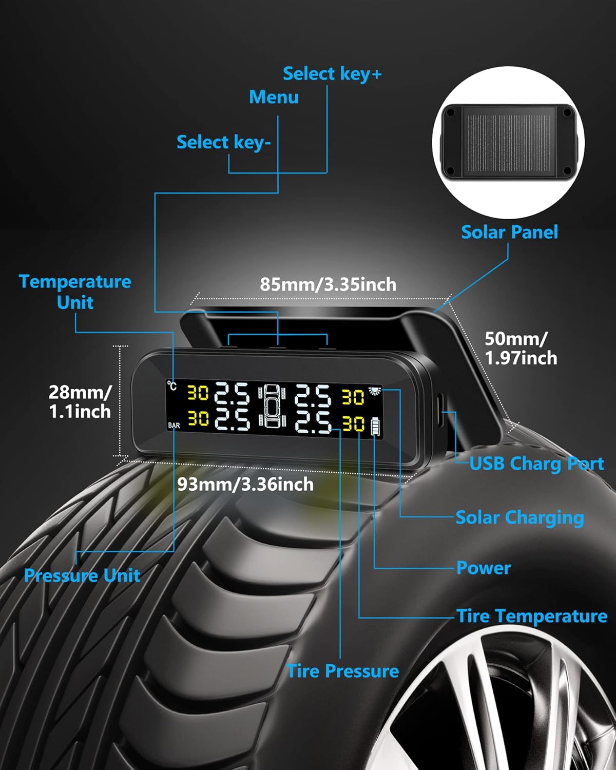 Diagram of Jansite TPMS-0215 monitor showing buttons for menu, select key plus, select key minus, USB charging port, solar panel, and display areas for temperature unit, pressure unit, tire temperature, and tire pressure.
