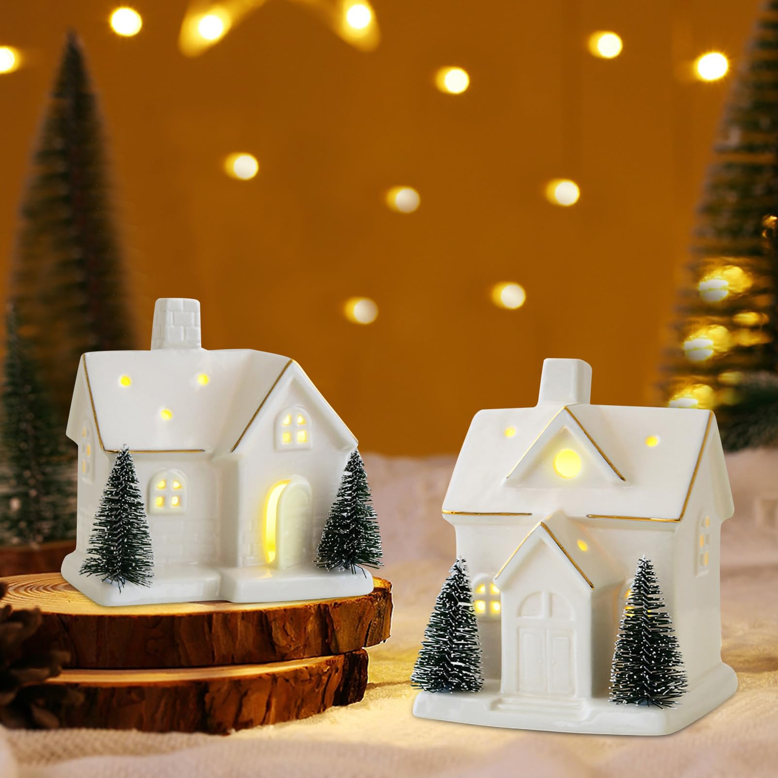 Kerstdecoratie Houten Huizen Set 7 Stuks Met LED Lichtketting - Tafeldecoratie