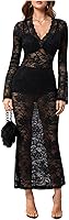 SHENHE Women's Sheer Lace Floral Long Sleeve Bodycon Dress - Elegant Maxi for Weddings, Club Nights & Parties