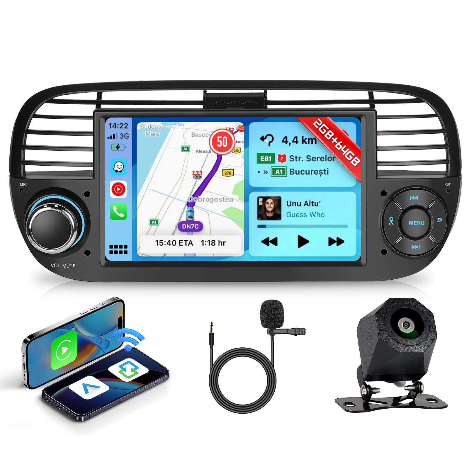 Hodozzy 2G+64G Autoradio für FIAT 500 2007-2015 Wireless Carplay Android Auto, Radio 2 Din 7 Zoll Touchscreen mit Bildschirmo GPS Navi Bluetooth WiFi, FM/RDS Canbus USB Bunte Lichter Rückfahrkamera