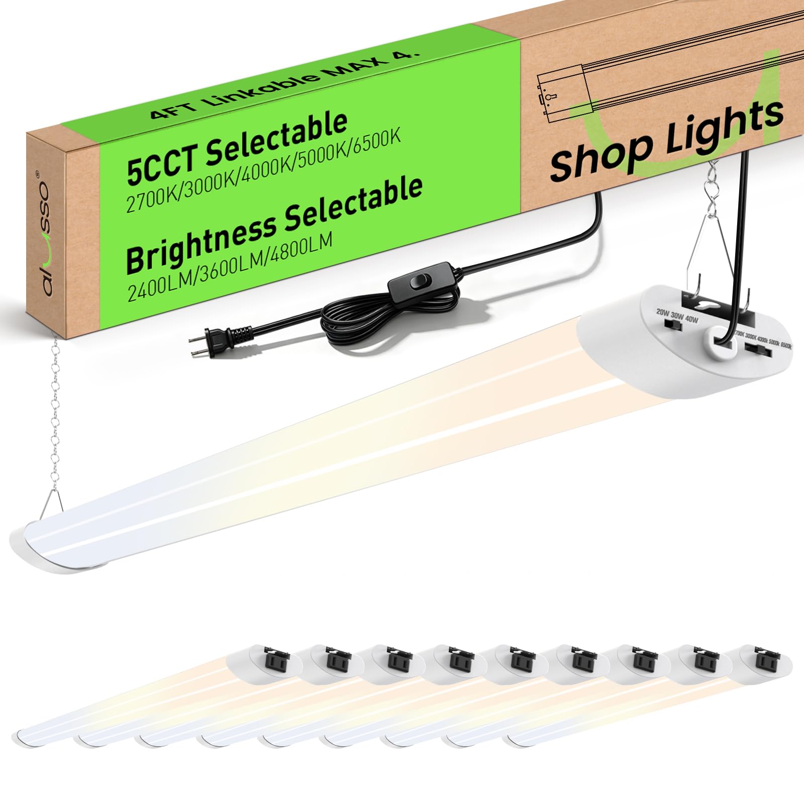 ALUSSO® LED Shop Lights 4FT for Garage, 4800LM Adjustable 20W/30W/40W, 5CCT 2700K 3000K 4000K 5000K 6500K, 120V, Warm to Cool Daylight Linkable Shop Lights for Workshop, ETL, 10 Pack