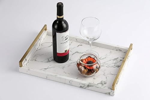 Miniatura 3 de WV - Bandeja para servir de piel sintética con mango de acero inoxidable cepillado Ti-Gold, con textura de papel rugoso o mármol.