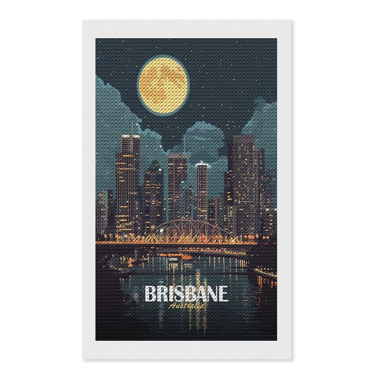 Junmoney Brisbane Australia Cityscape at Night DIY Diamond Art Canvas Kit 12"x20", for Teens, Finish and Display, Holiday Gift Idea, Vintage Style Decor