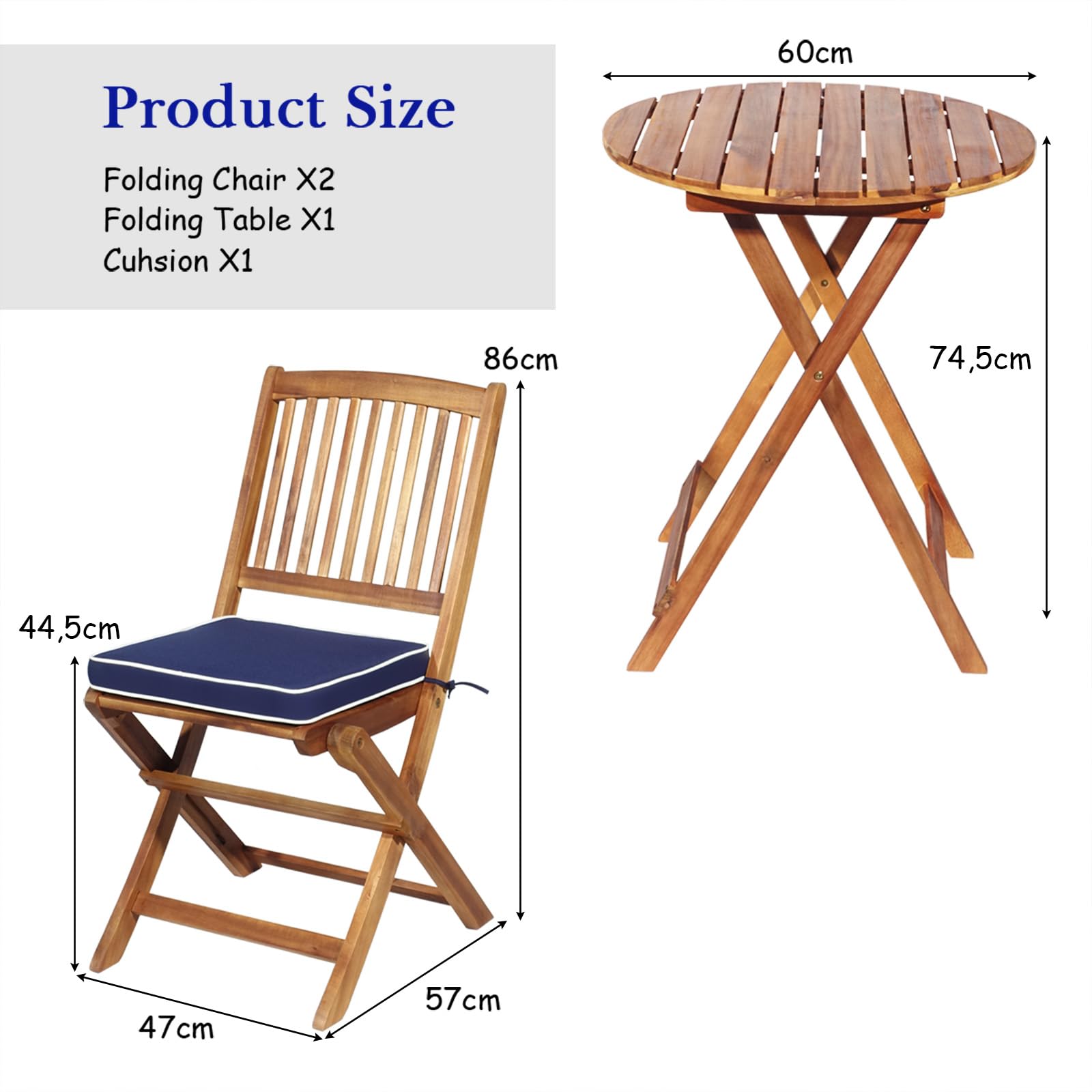 Salon de Jardin en Bois d'Acacia 2 Personnes, Ensemble de Meubles Pliables 3 Pièces (Coussins Bleu foncé)