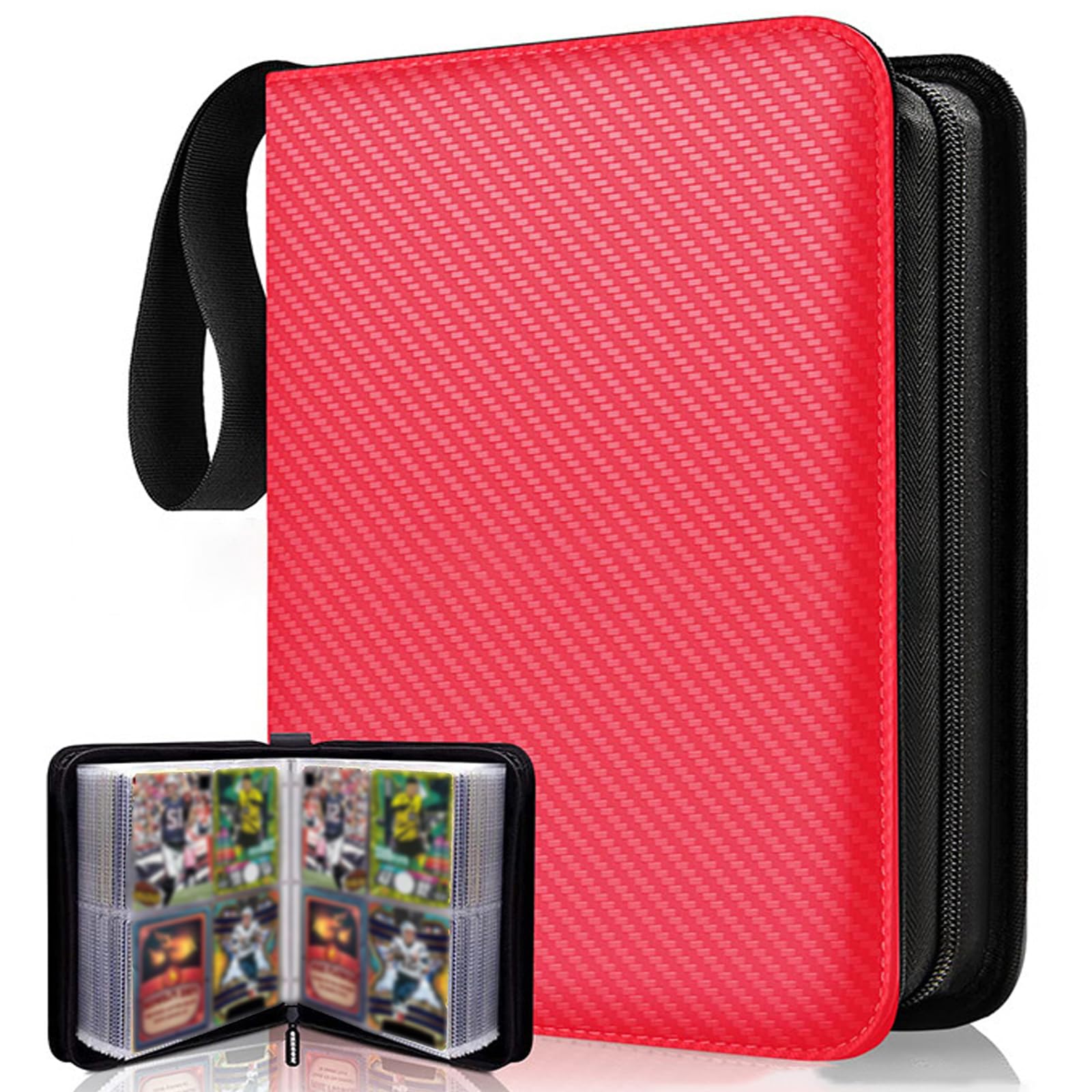 4-Pocket Trading Card Binder, 400 Pocket Cards Binder with Zip, Durable PU Album Material, 50 Top-Loading Pages Folder, Refillable Ring Binder for Collectible Games, MTG, Football, Sports (Red)