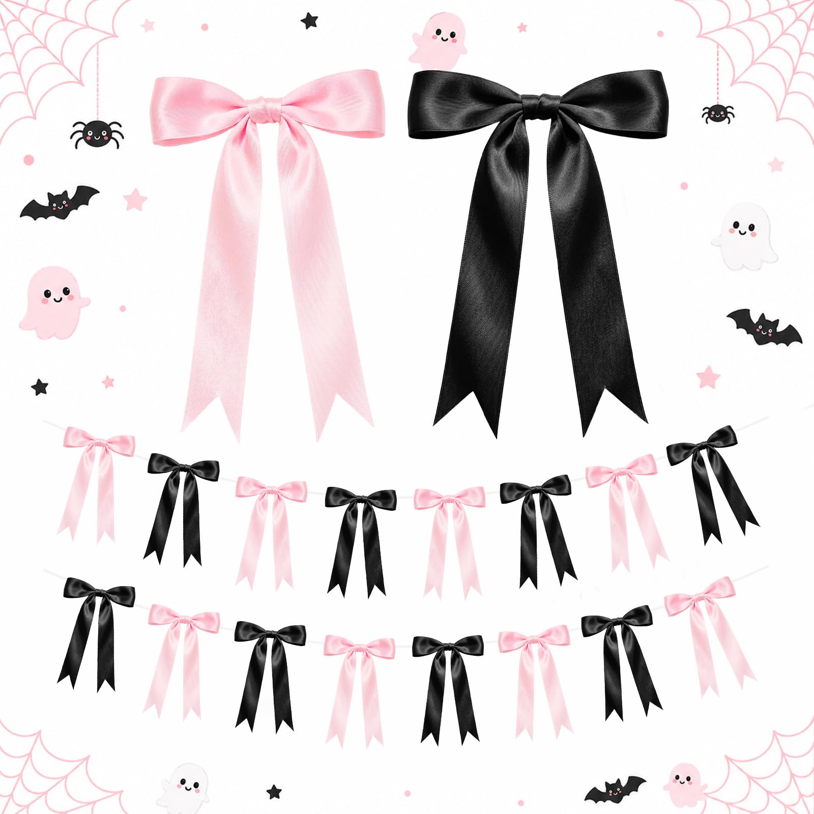 Halloween Bow Decorations, Pink Black Bow Garland Banner for Birthday Decor