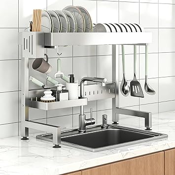 Large Dish Drainers 2-Tier Over The Sink Dish Drying Rack Stainless Steel dish rack with Utensil Holder Dish Racks For Kitchen Counter with Dish and plate Partitioned storage.Steel,68CM/26.8IN_1TIER