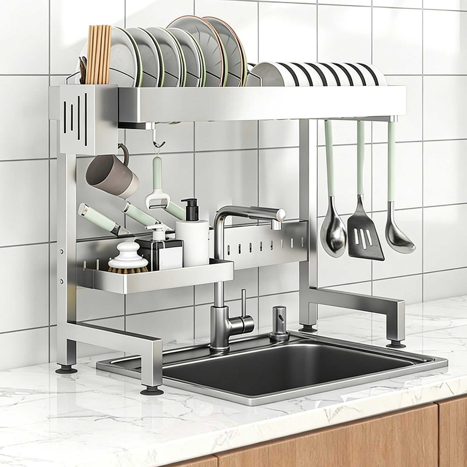 Escurridor de Platos de Acero Inoxidable de Dos Niveles con Soporte para Cubiertos y Espacio de Almacenamiento Dividido para Platos y Cuencos.