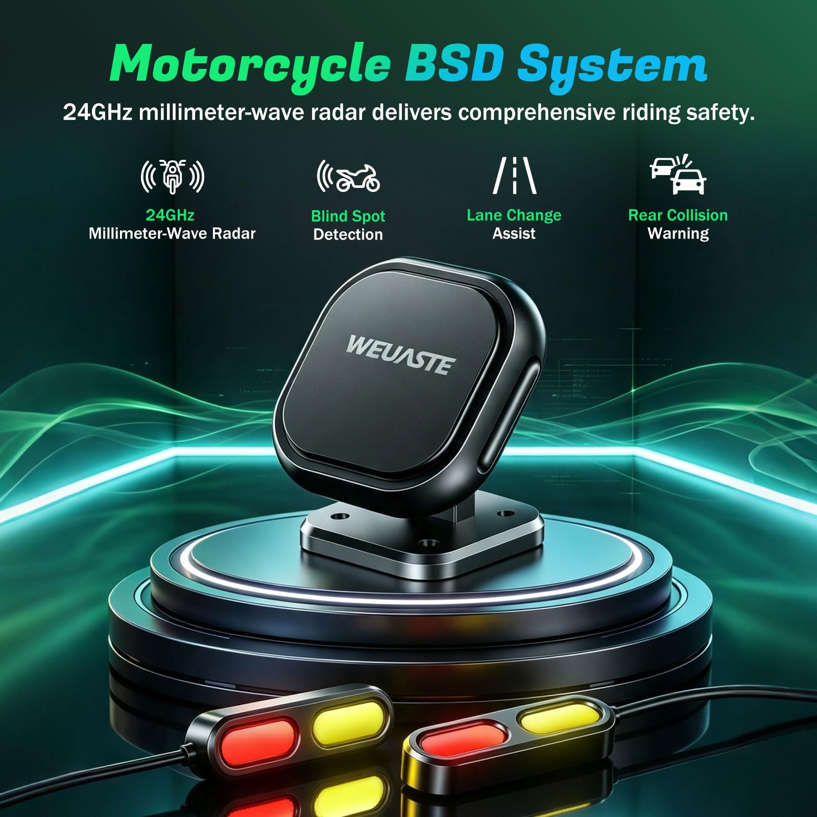 BSD01 - Sistema de detección de punto ciego BSD para motocicleta, radar de onda milimétrica de 24 GHz, advertencia de colisión trasera RCW, impermeable IP69K, protección de seguridad para todo